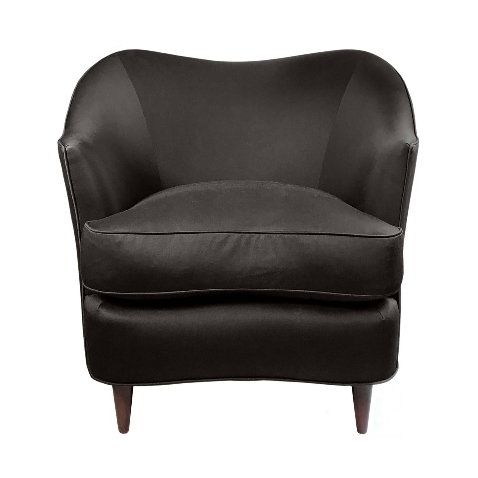 Flair Home Collection Custom Gio Curved Back Armchair in Deep Brown Satin In Excellent Condition In New York, NY