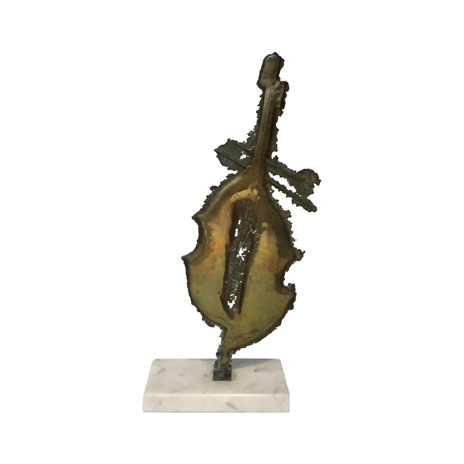 1970s Abstract Brass Sculpture on White Marble Base For Sale