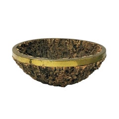 1970s Italian Round Bark Bowl with Brass Rim by Gabriella Crespi