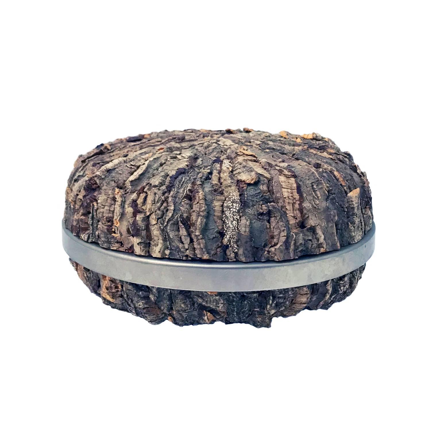 1970s Italian Round Bark Box with Stainless Steel Band by Gabriella Crespi