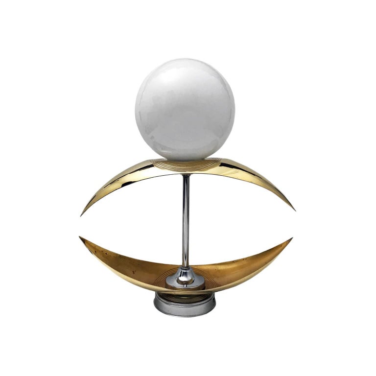 1960s French Brass and Glass Globe Accent Table Lamp For Sale