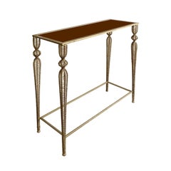 Midcentury French Rectangular Gold Metal Mesh Leg Console with Copper Glass Top