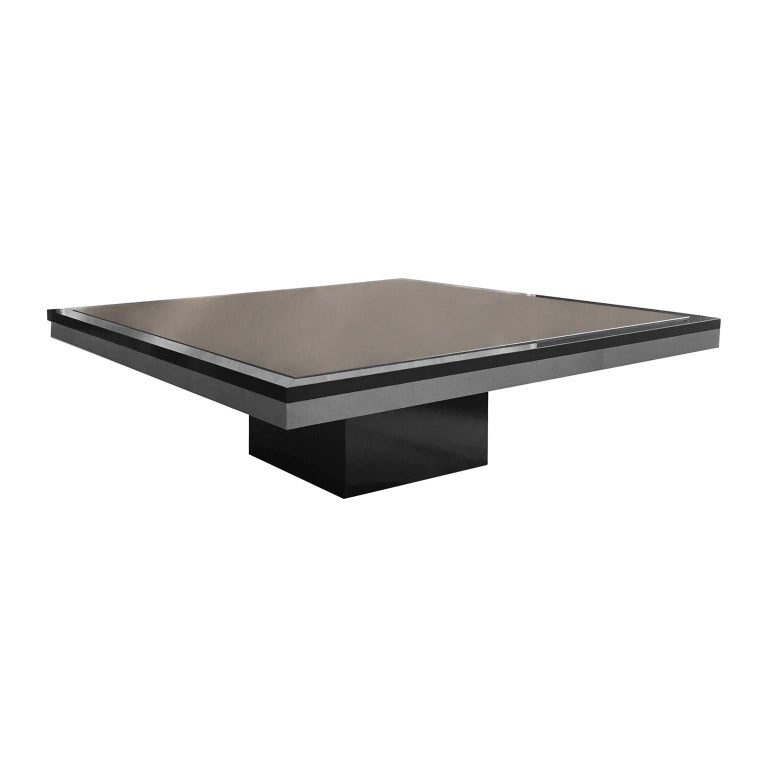 1970s Square Chrome Banded Glass Top Coffee Table by Roger Van Hevel For Sale