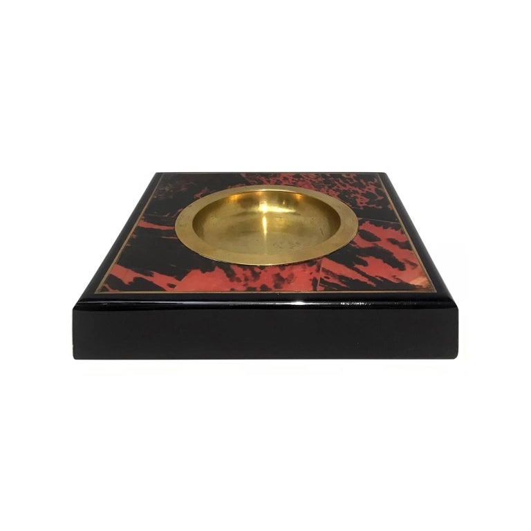 1970s French Square Red and Black Lacquer Vide Poche with Brass Detailing For Sale