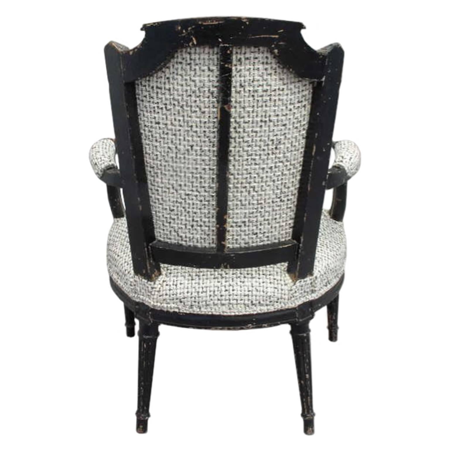 Revival 1940s French Ebonized Armchair in Black and Ivory Bouclé