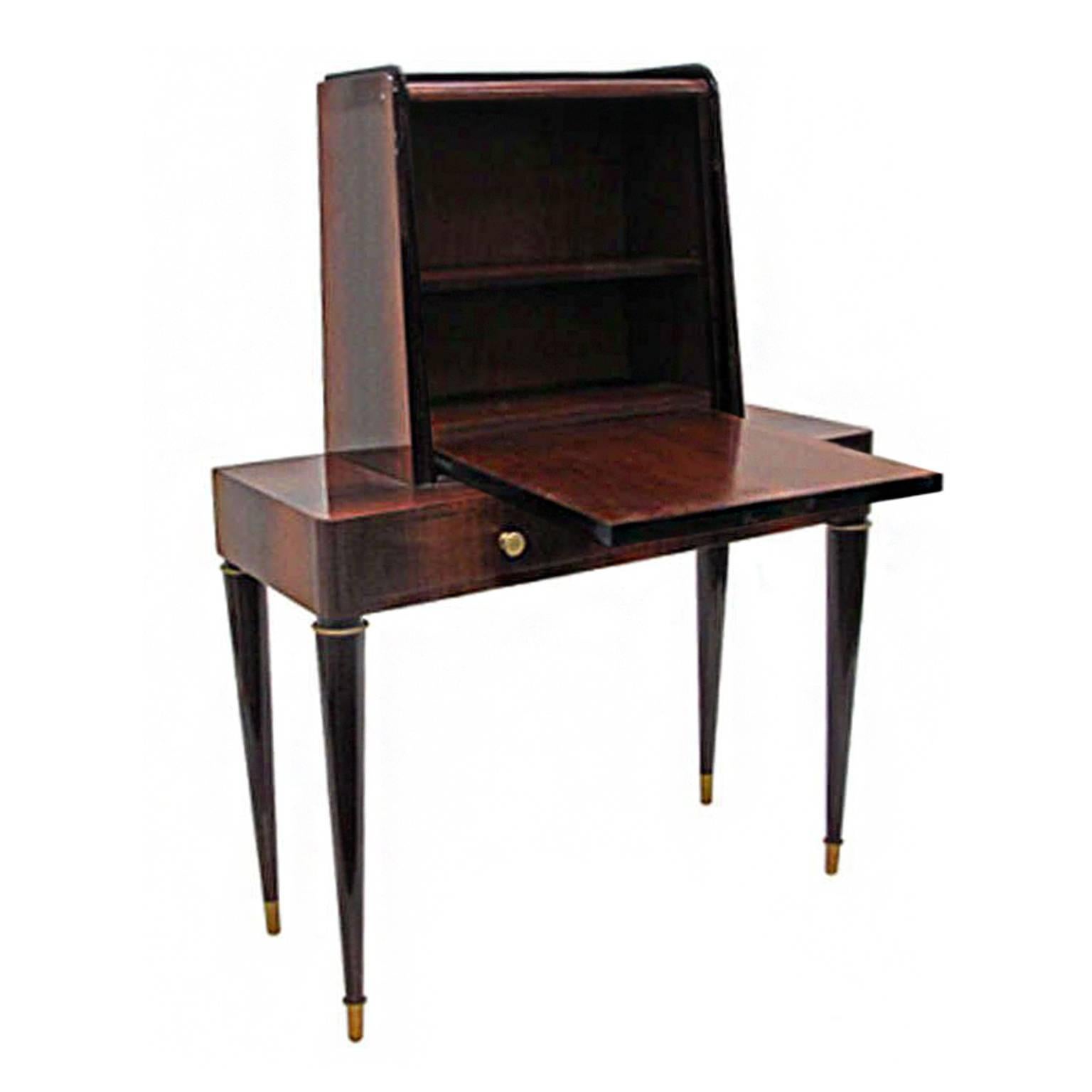 Parquet Palisander ladies writing desk with brass hardware and brass sabots, France, 1950s.