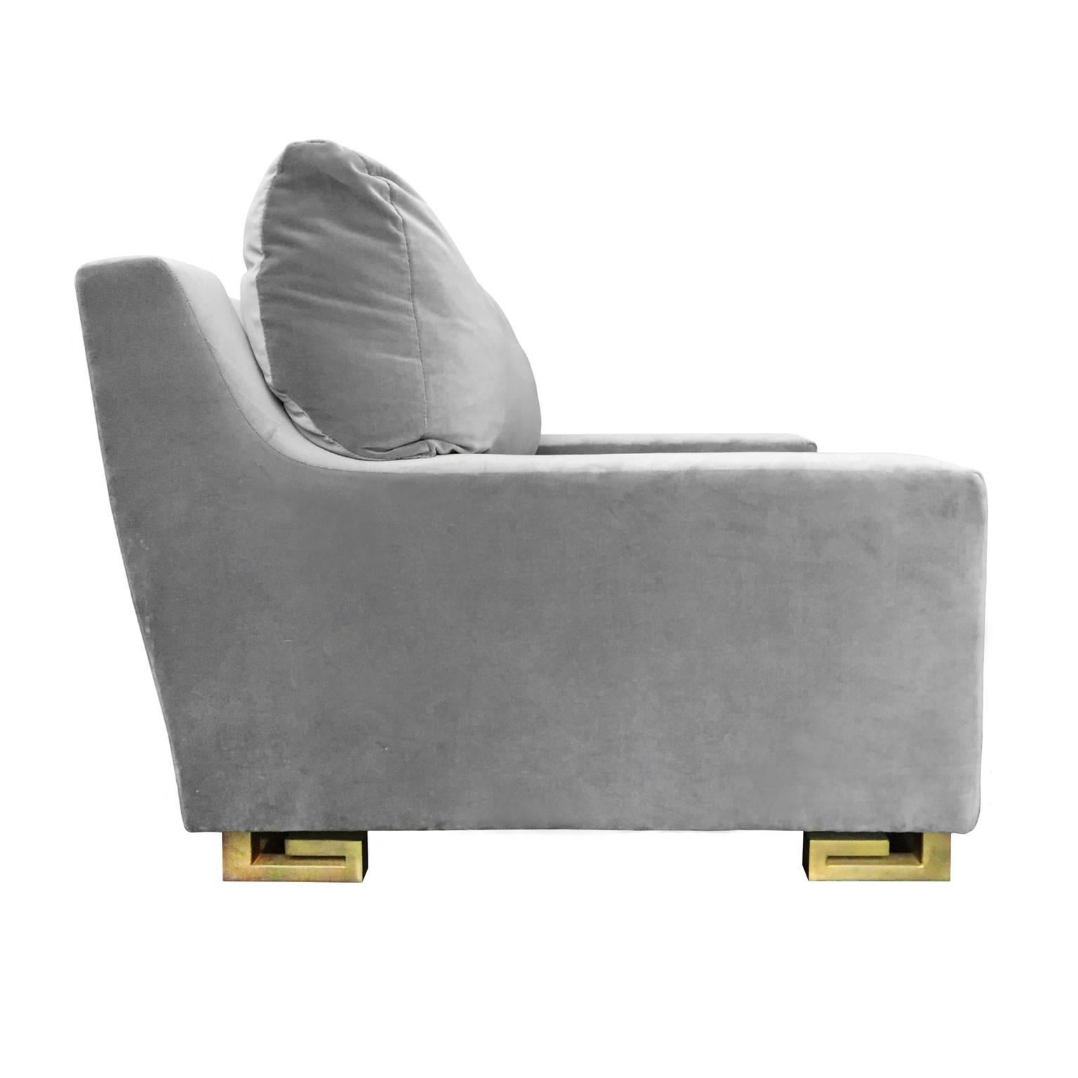Jansen chair reupholstered in grey velvet on brass scroll Greek Key foot, French, 1970s.