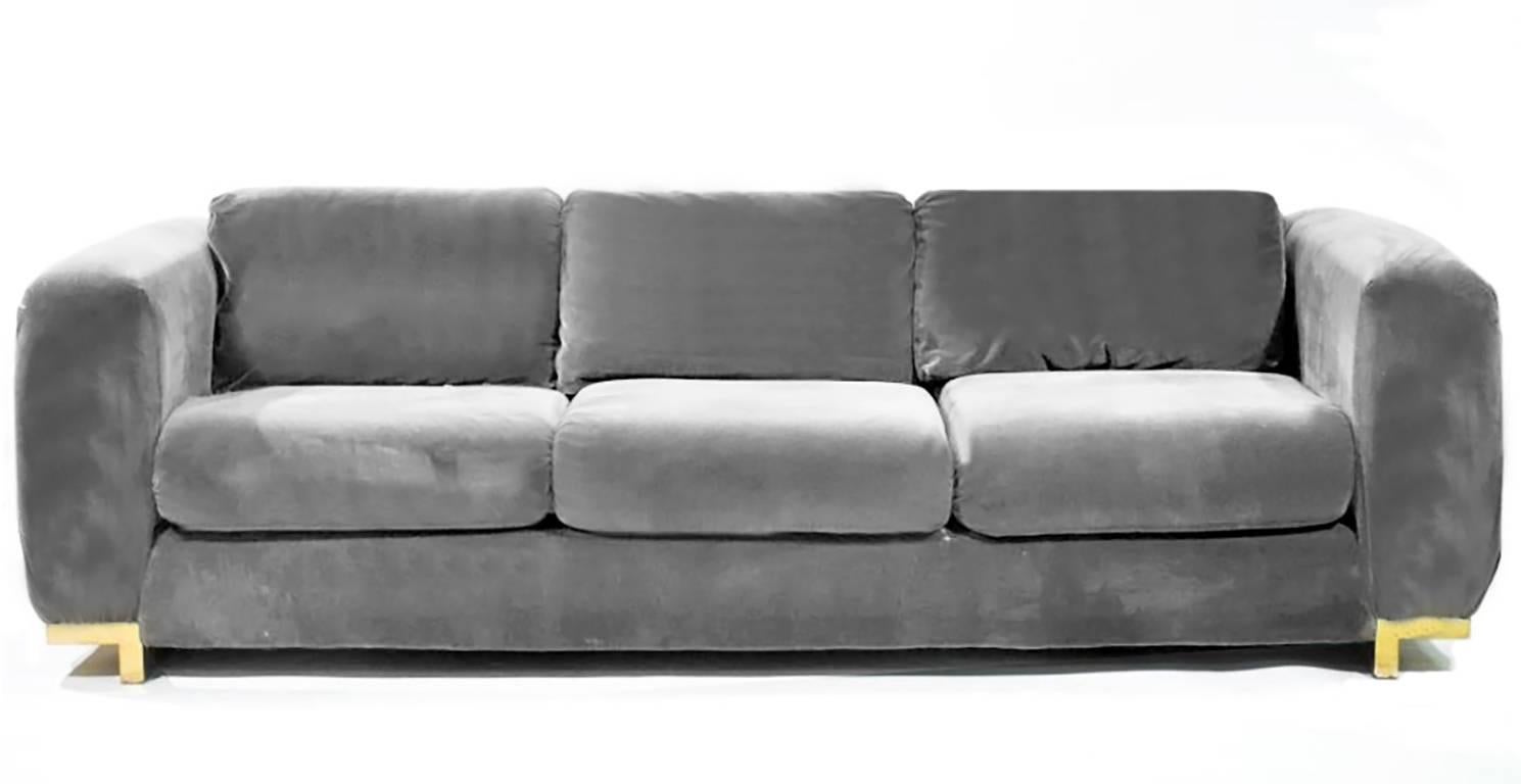 Mid-Century Modern Three-Seat Grey Velvet Sofa
