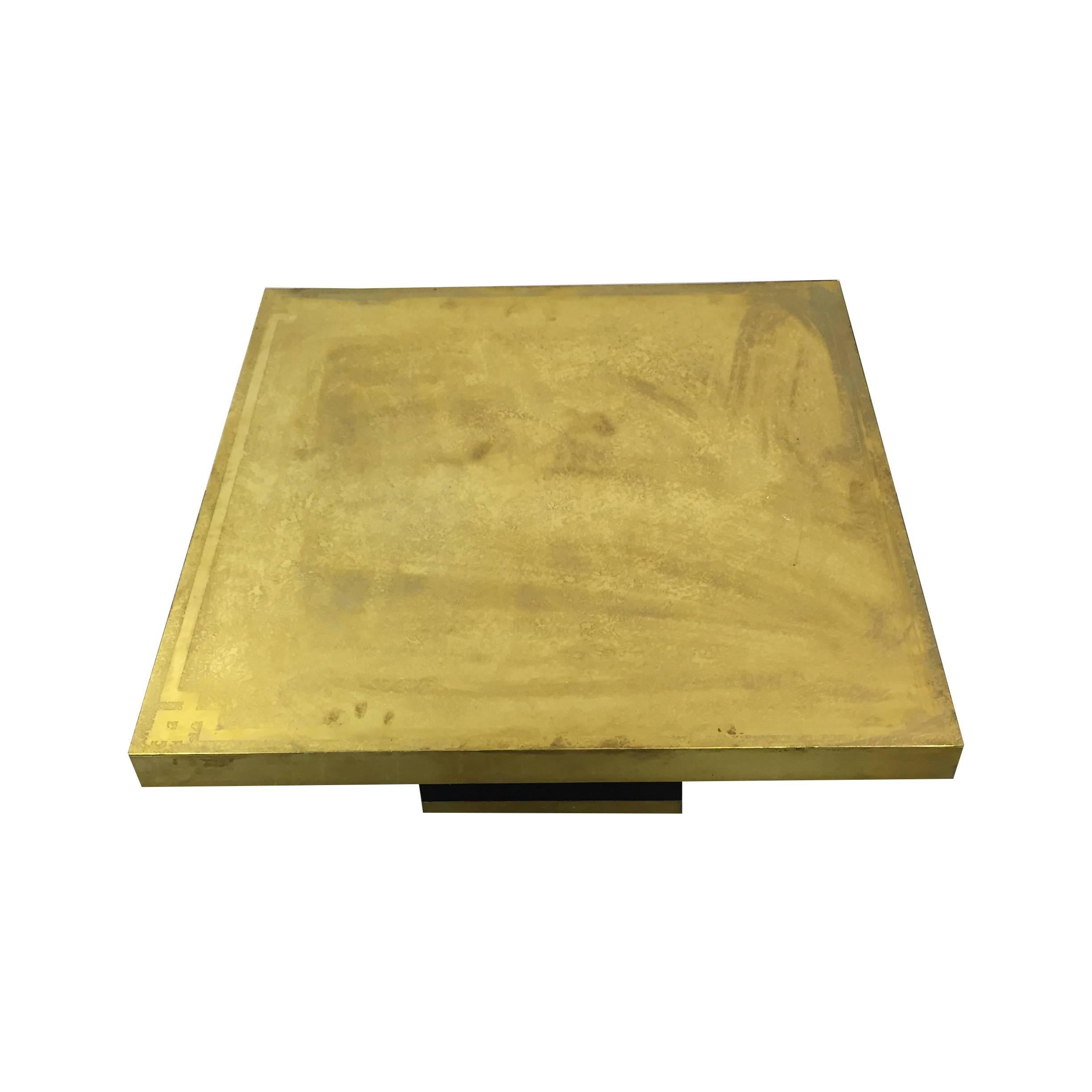 Etched brass top square side table with Chinese border design, Belgian, 1970s.