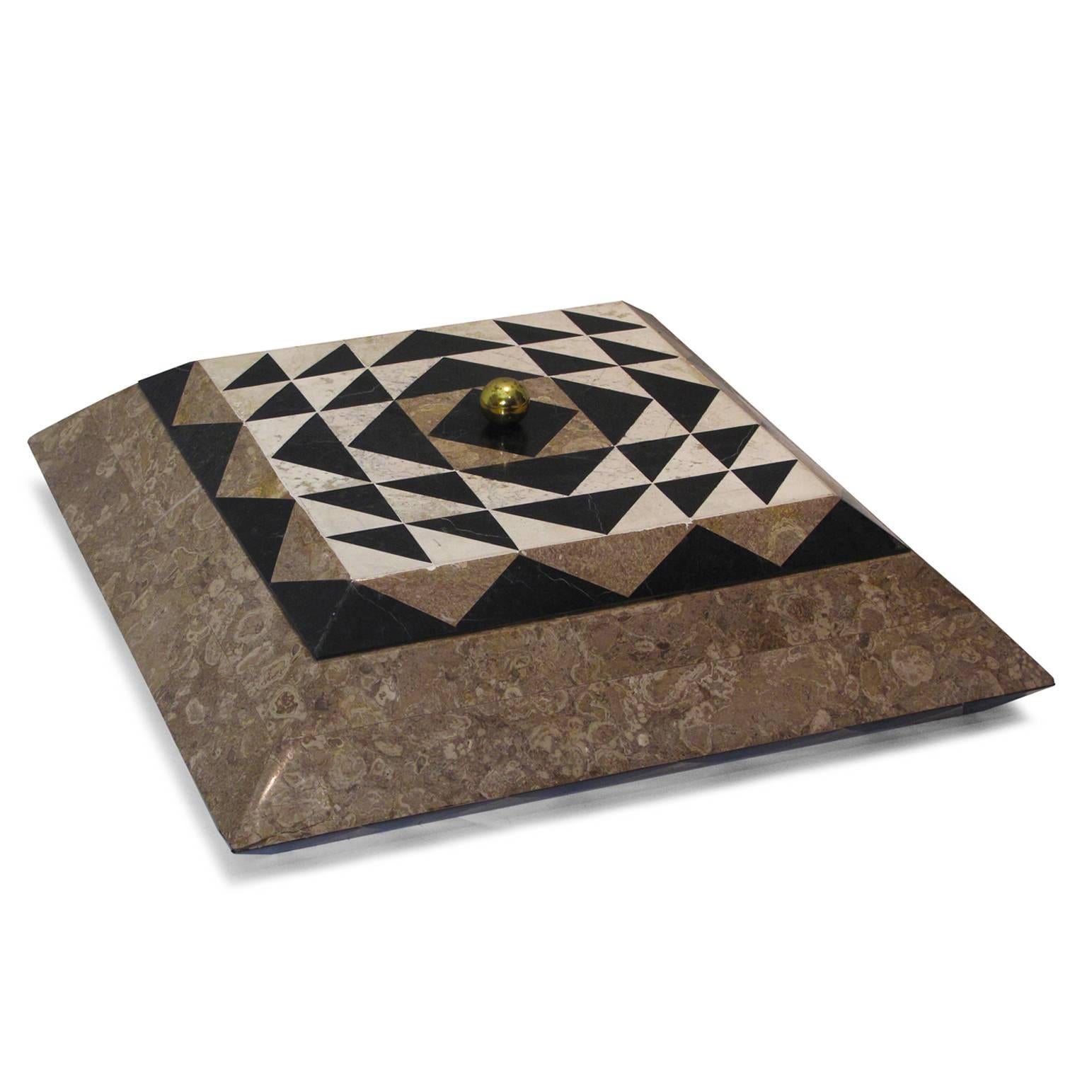 Maitland-Smith tessellated stone box with checkerboard lid.
