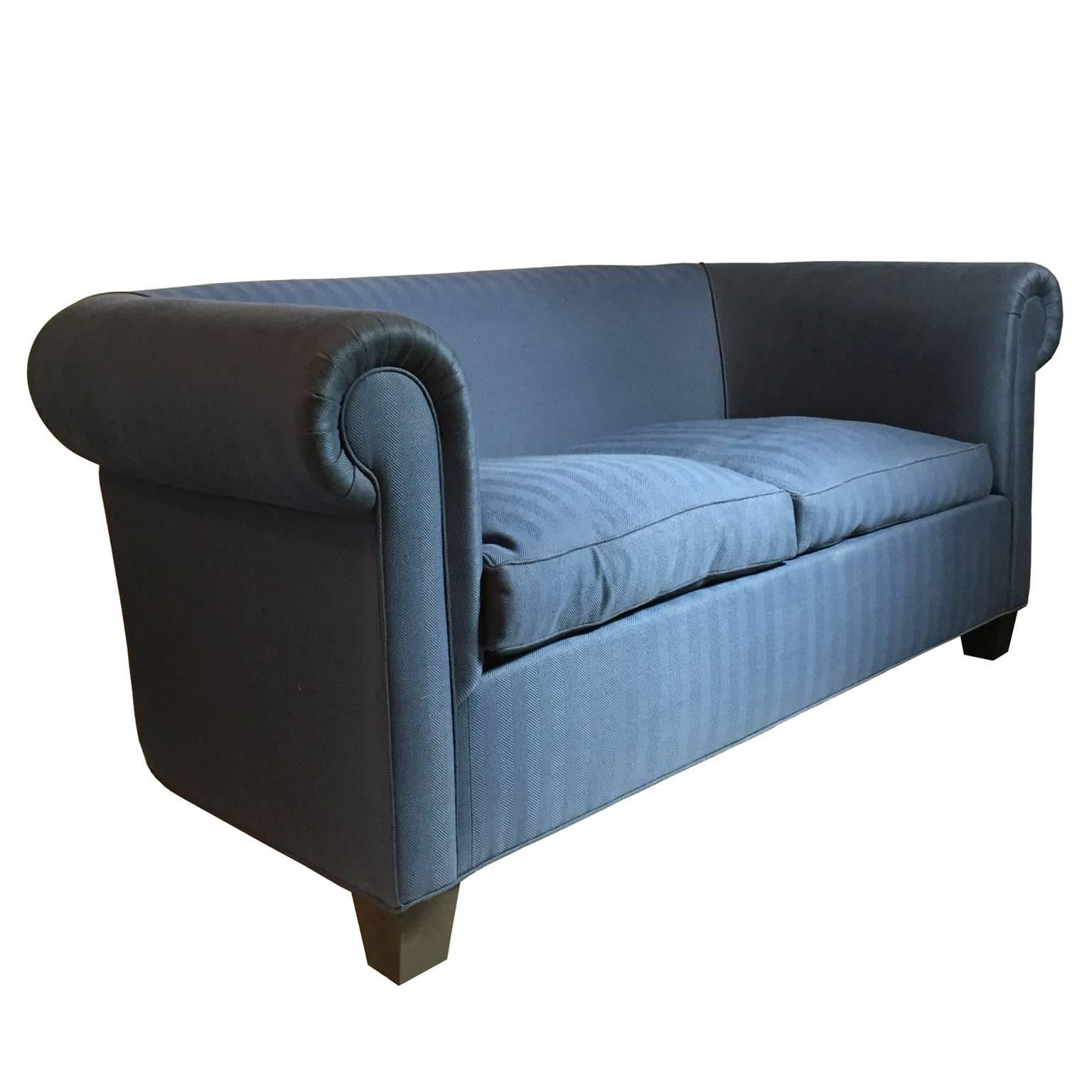 Vintage Mid-Century Italian library sofa in blue tonal herringbone upholstery.