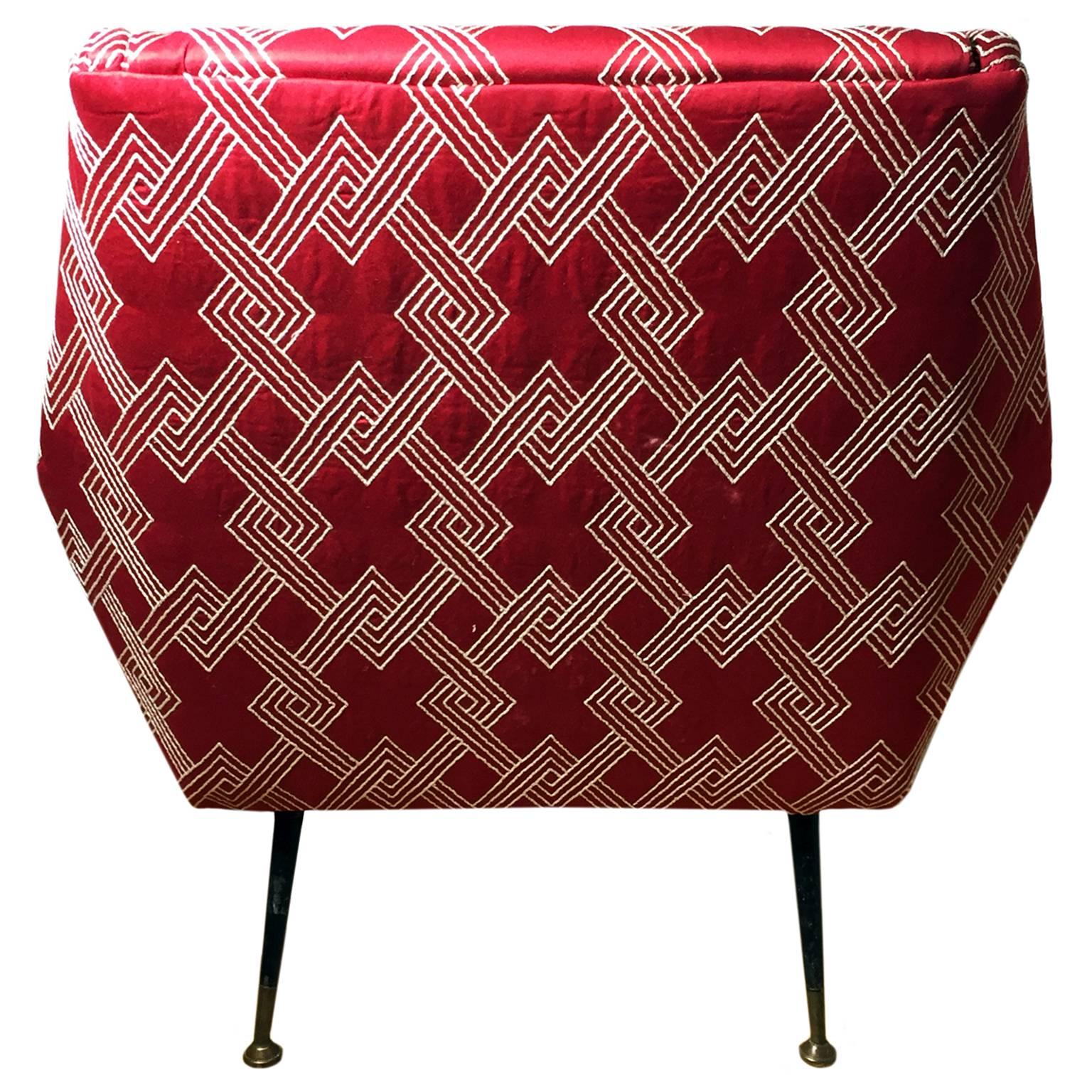 Mid-20th Century Mid-Century Italian Angled Back Club Chair in Red and White Geometric Fabric