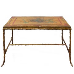 Maison Baguès Bronze Faux Bamboo Coffee Table with Antique Chinese Panel Top