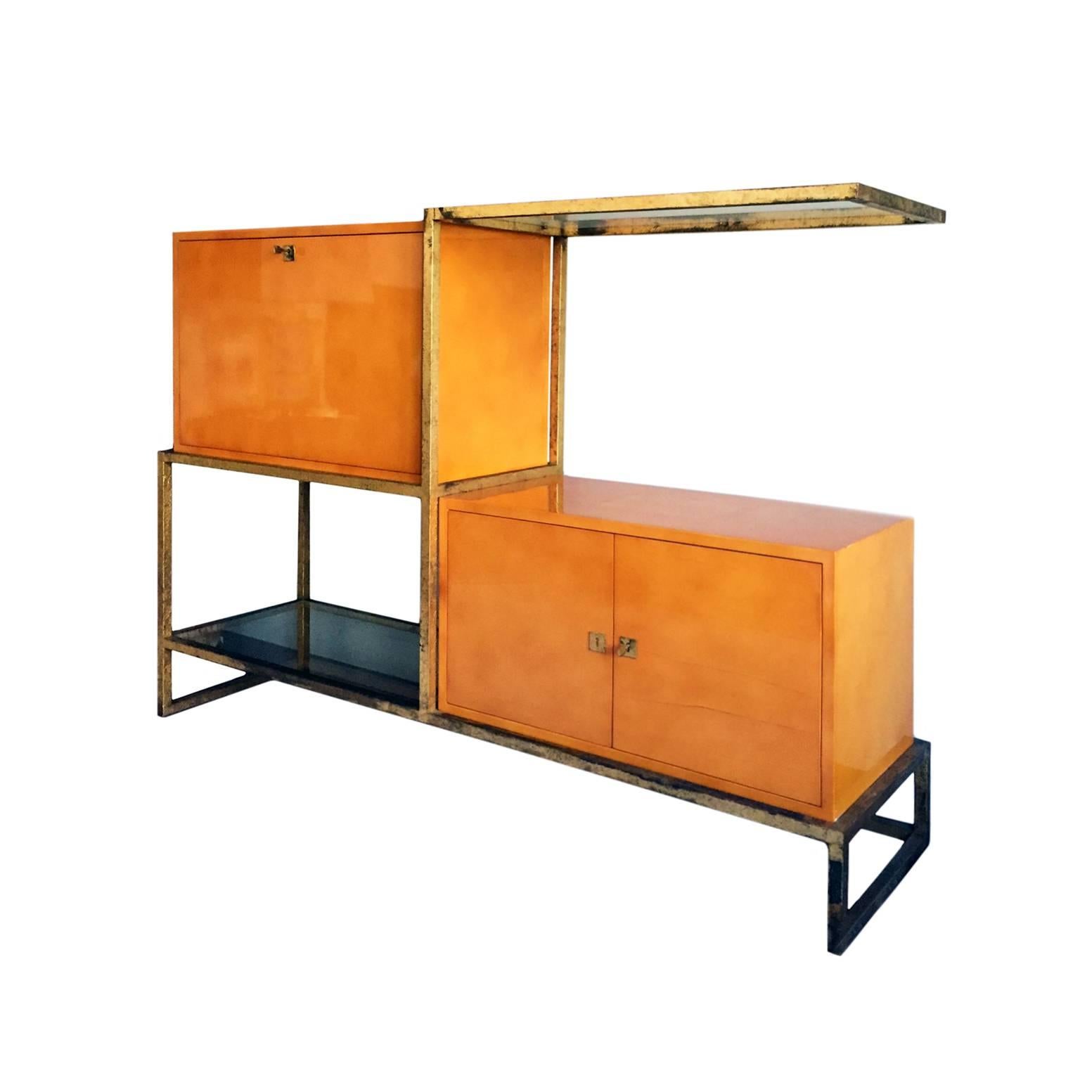 French Exceptional Lacquer and Gilt Iron Secretary Cabinet by Roger and Robert Thibier For Sale