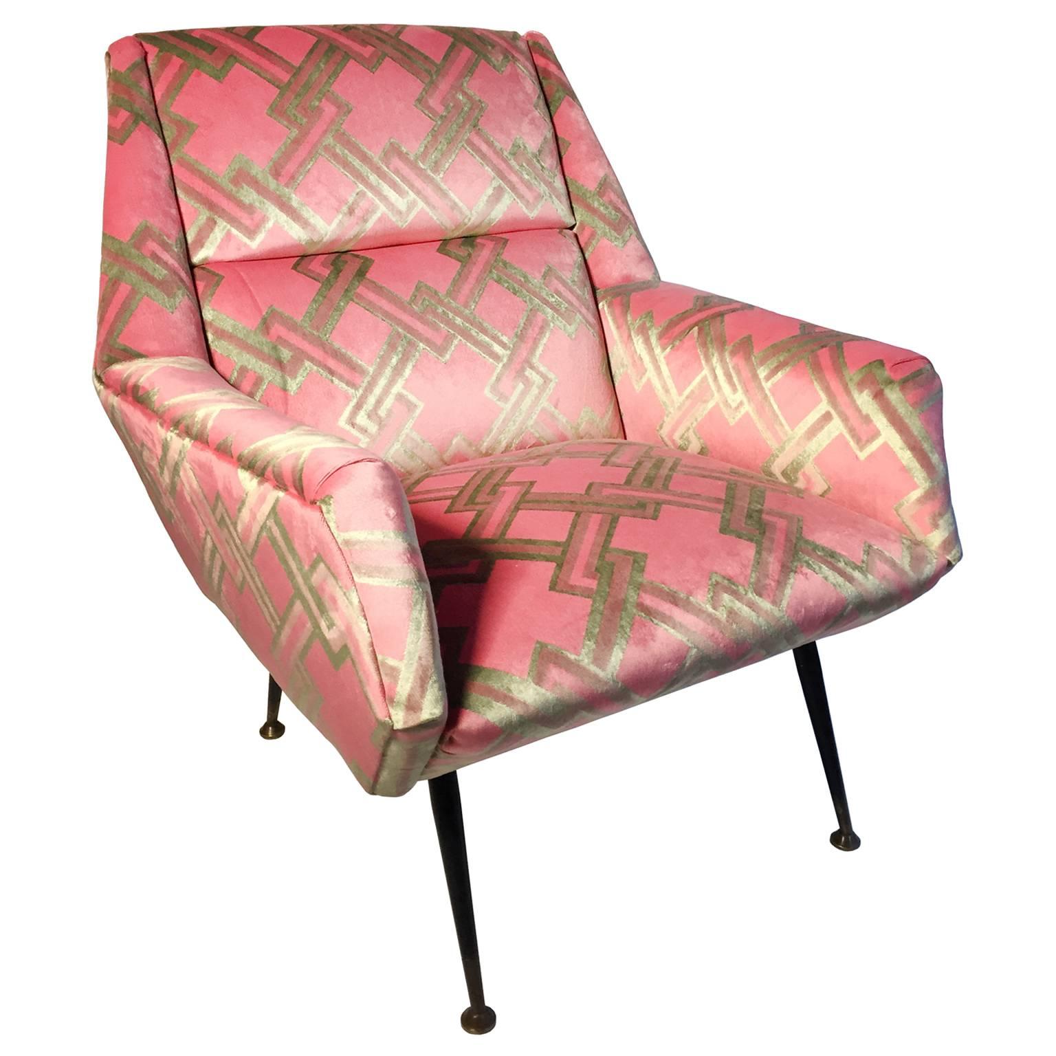 Mid-century angled back straight arm club chair upholstered in pink and celadon geometric velvet. Italy, 1960's. 