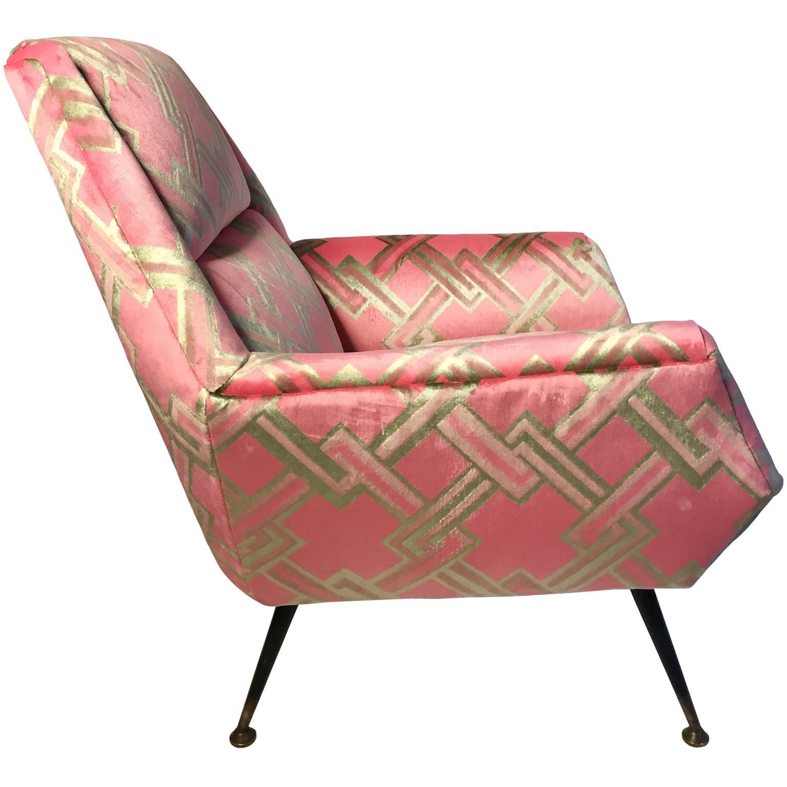 Mid-Century Italian Angled Back Club Chair in Pink and Celadon Geometric Velvet In Excellent Condition In New York, NY