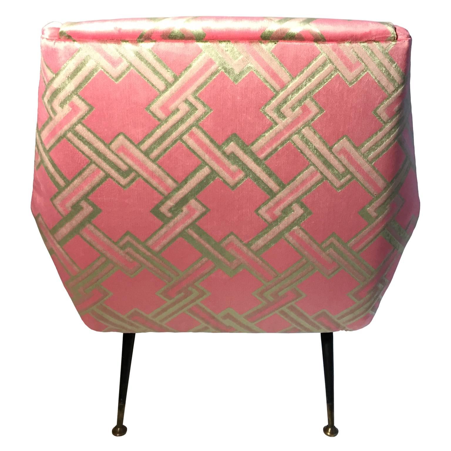 Mid-20th Century Mid-Century Italian Angled Back Club Chair in Pink and Celadon Geometric Velvet