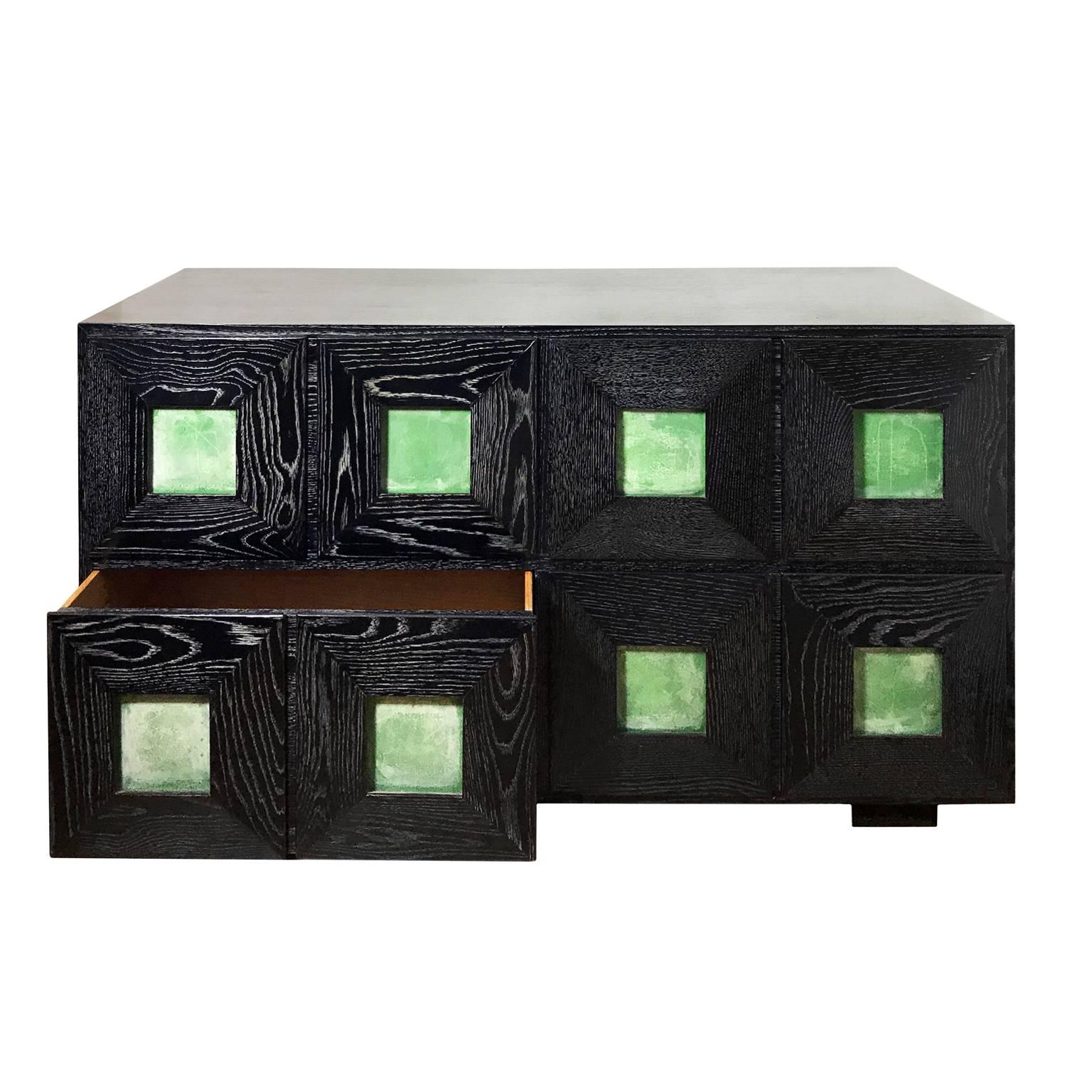 Vintage cerused oak chest of drawers with matte green goatskin panels.