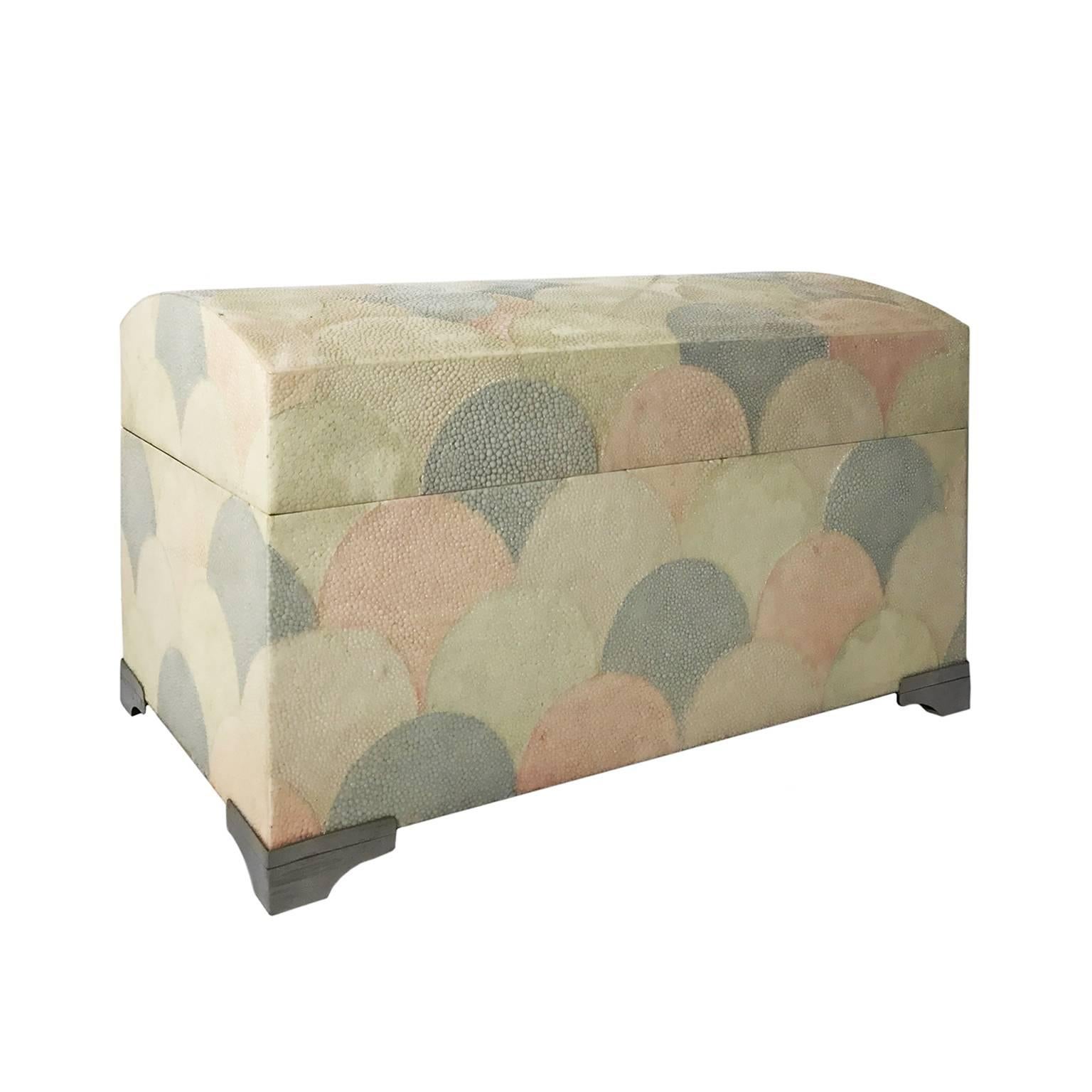 1970's Maitland-Smith scalloped shagreen box with vaulted lid and nickel feet.