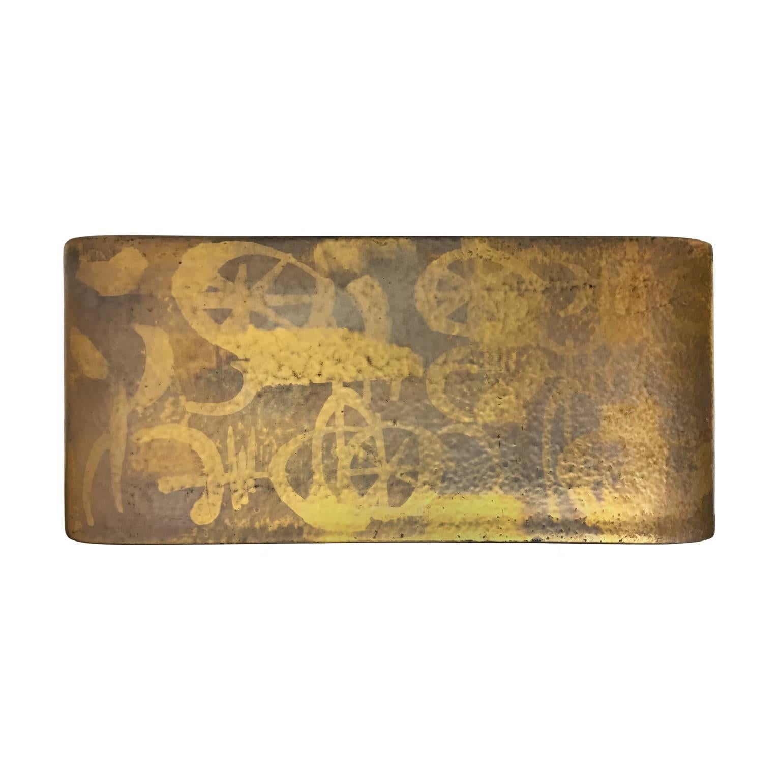 Vintage rectangular metal box with gold glaze ceramic lid by Sasha Braschoff.