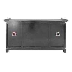 Mid-Century Modern Pagoda Style Black Lacquer Bar Cabinet by James Mont