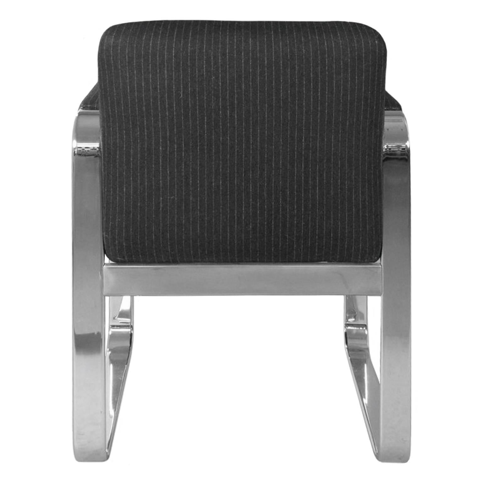 American 1970s Rounded Rectangular Chrome Armchair in Charcoal Pinstripe Upholstery