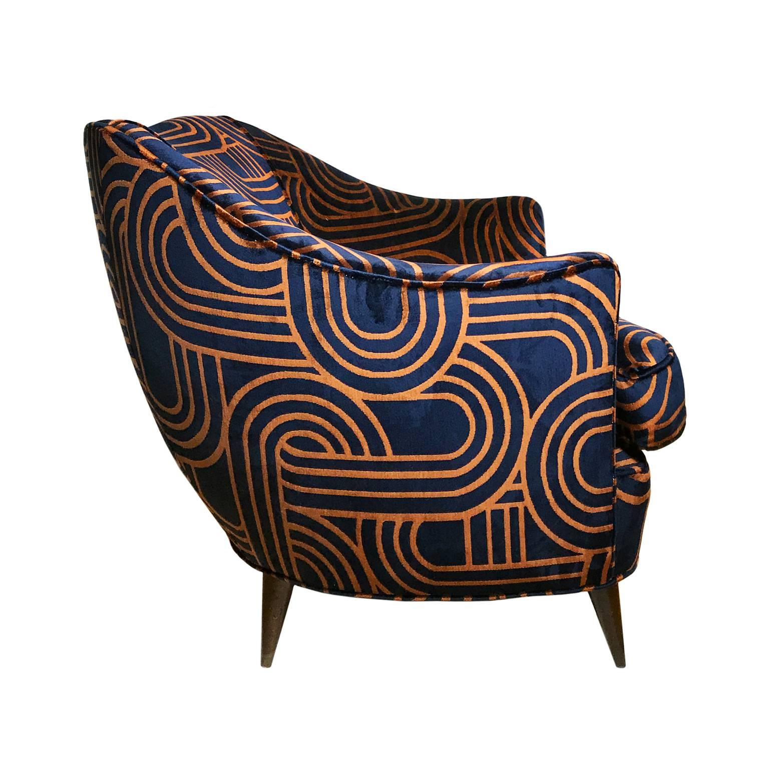1960's Italian Gio Ponti Barrel Back Club Chair in Navy and Copper Swirl Velvet  In Excellent Condition In New York, NY