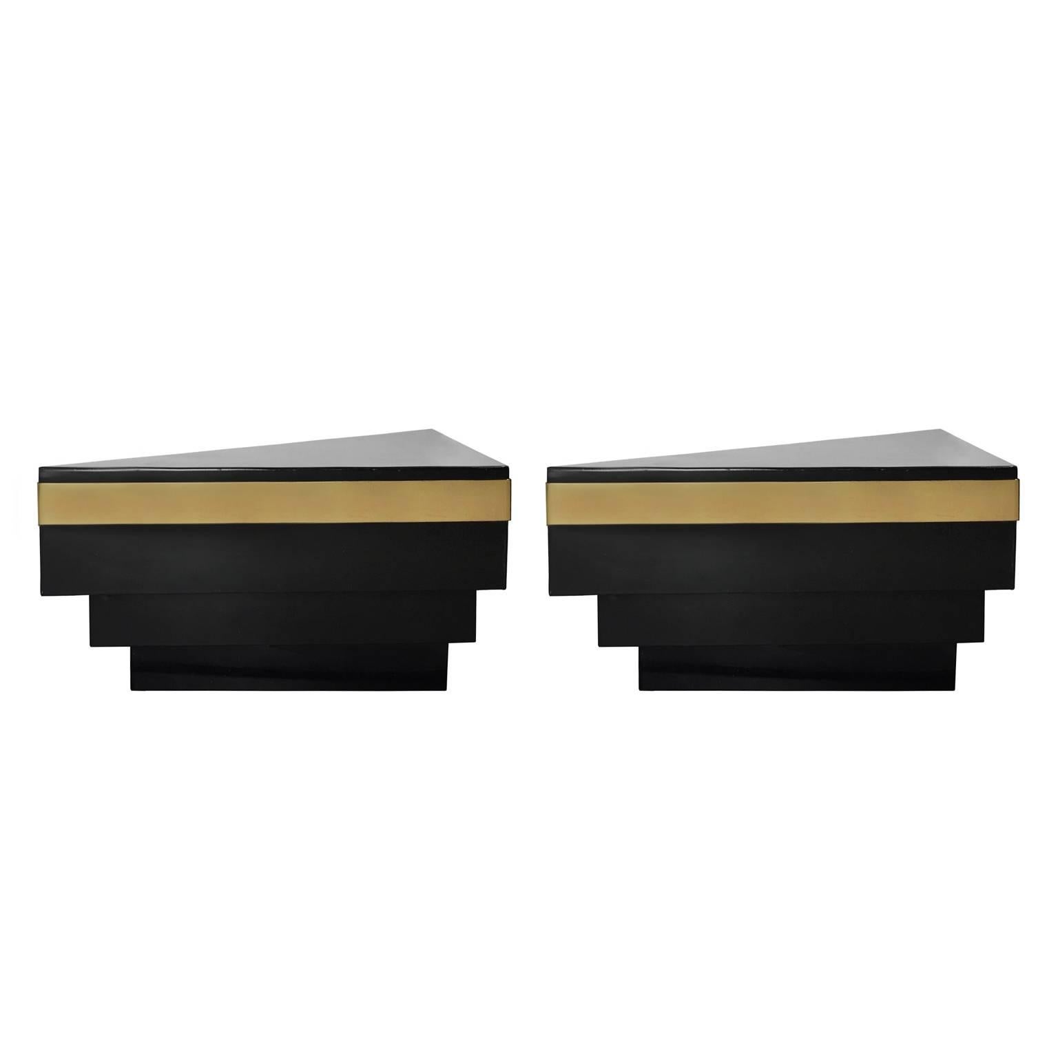 Pair of vintage C. Jeré triangular black and brass wall shelves. Signed and dated, 1984.