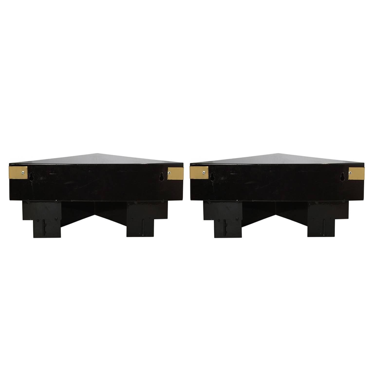 American Pair of C. Jeré Triangular Black and Brass Wall Shelves