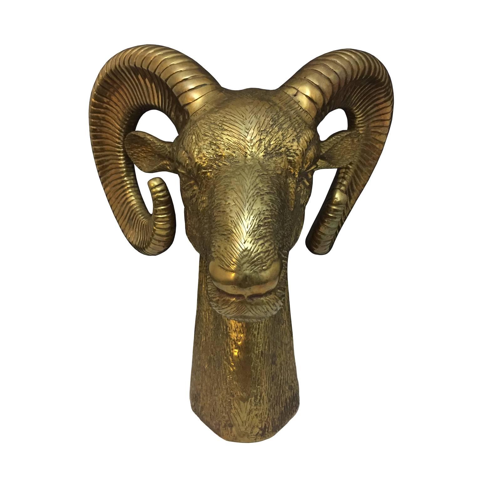 Large freestanding brass rams head with curled horns, USA, 1970s.