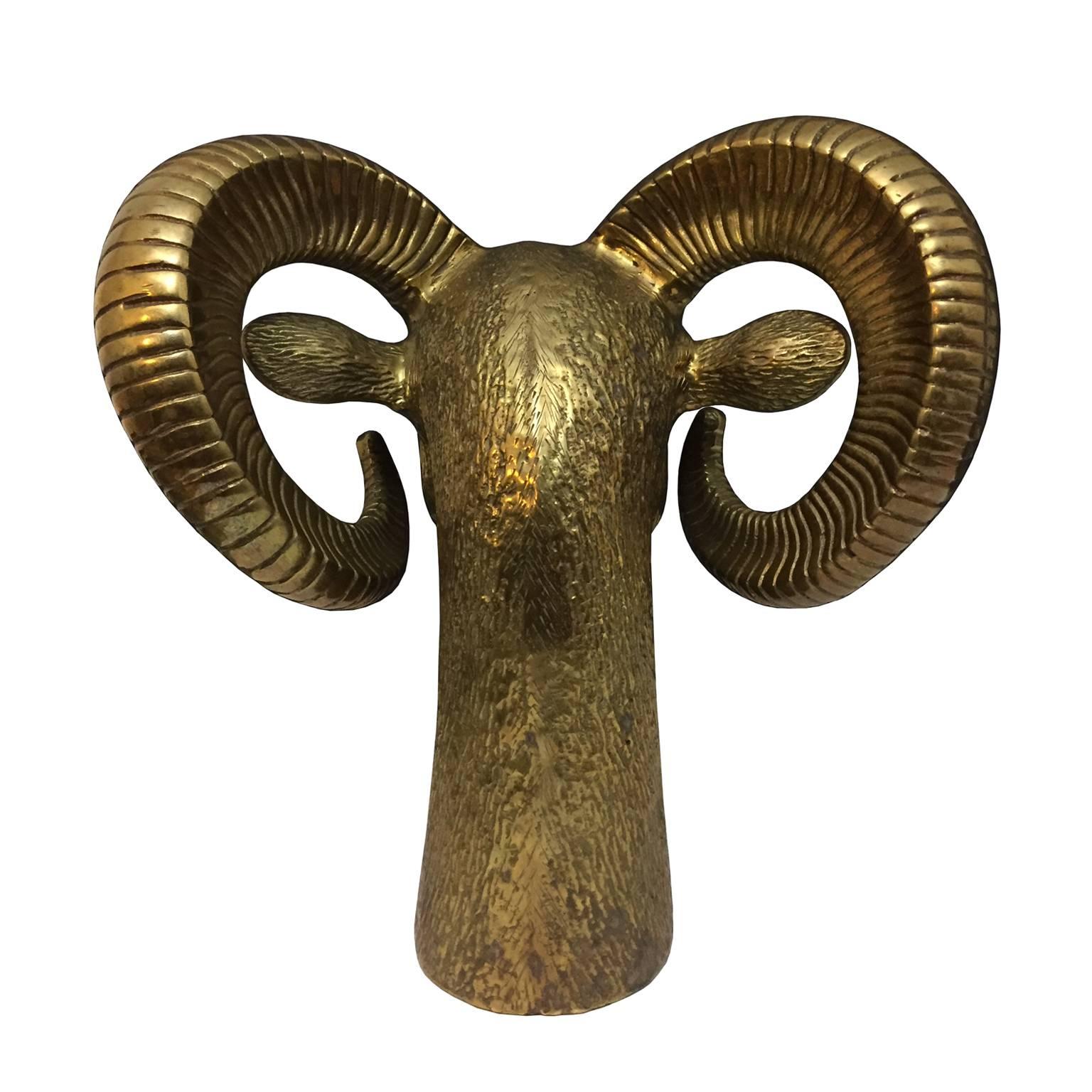 American 1970s Large Freestanding Brass Rams Head