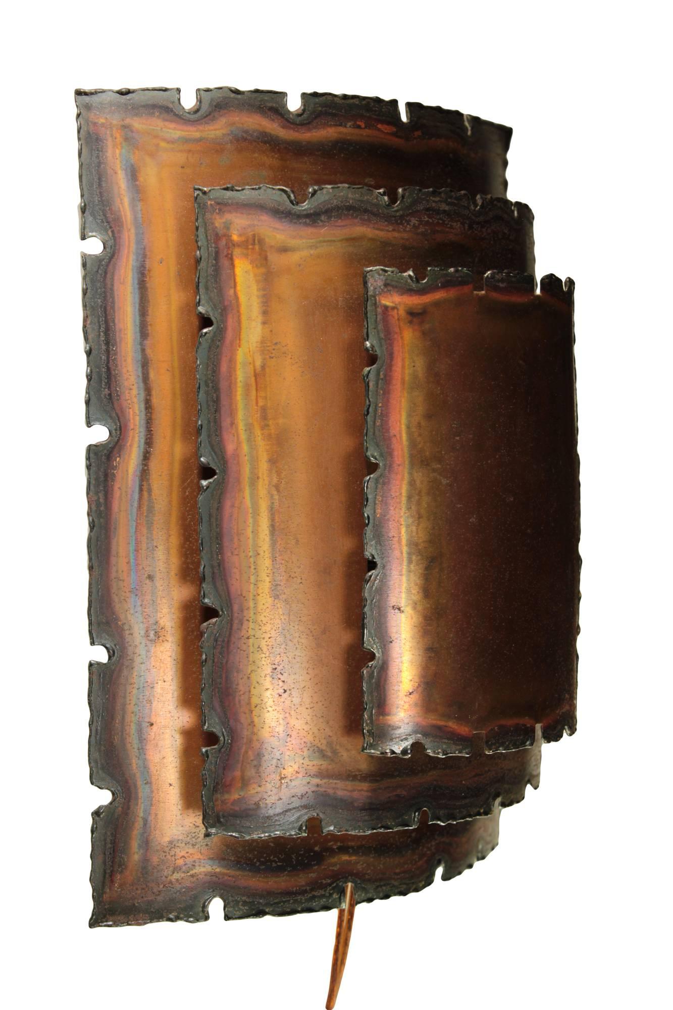 Patinated Pair of Vintage Danish Brutalist Copper Sconces