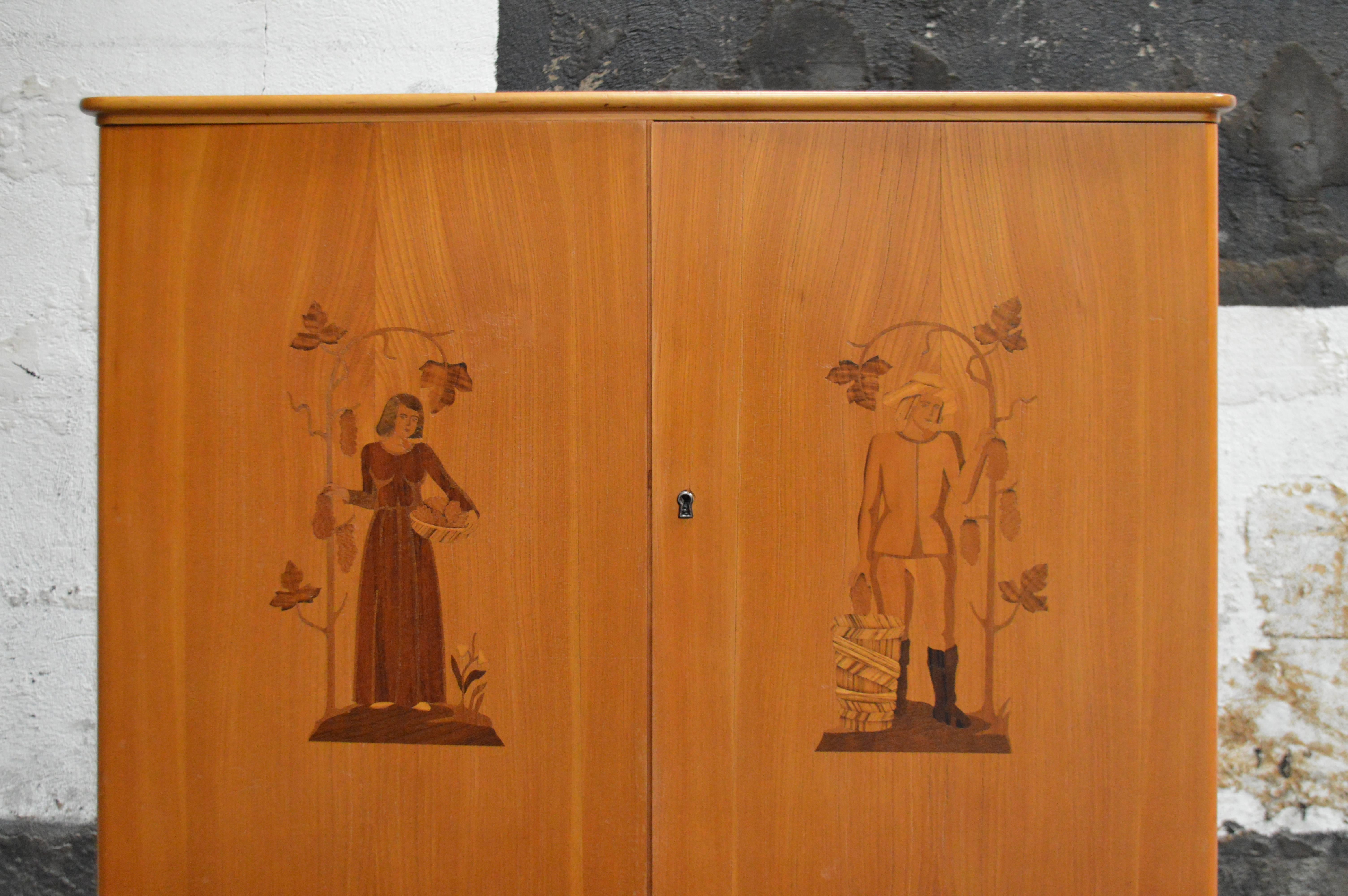 Inlay Swedish Art Moderne Intarsia Storage, Bar Cabinet