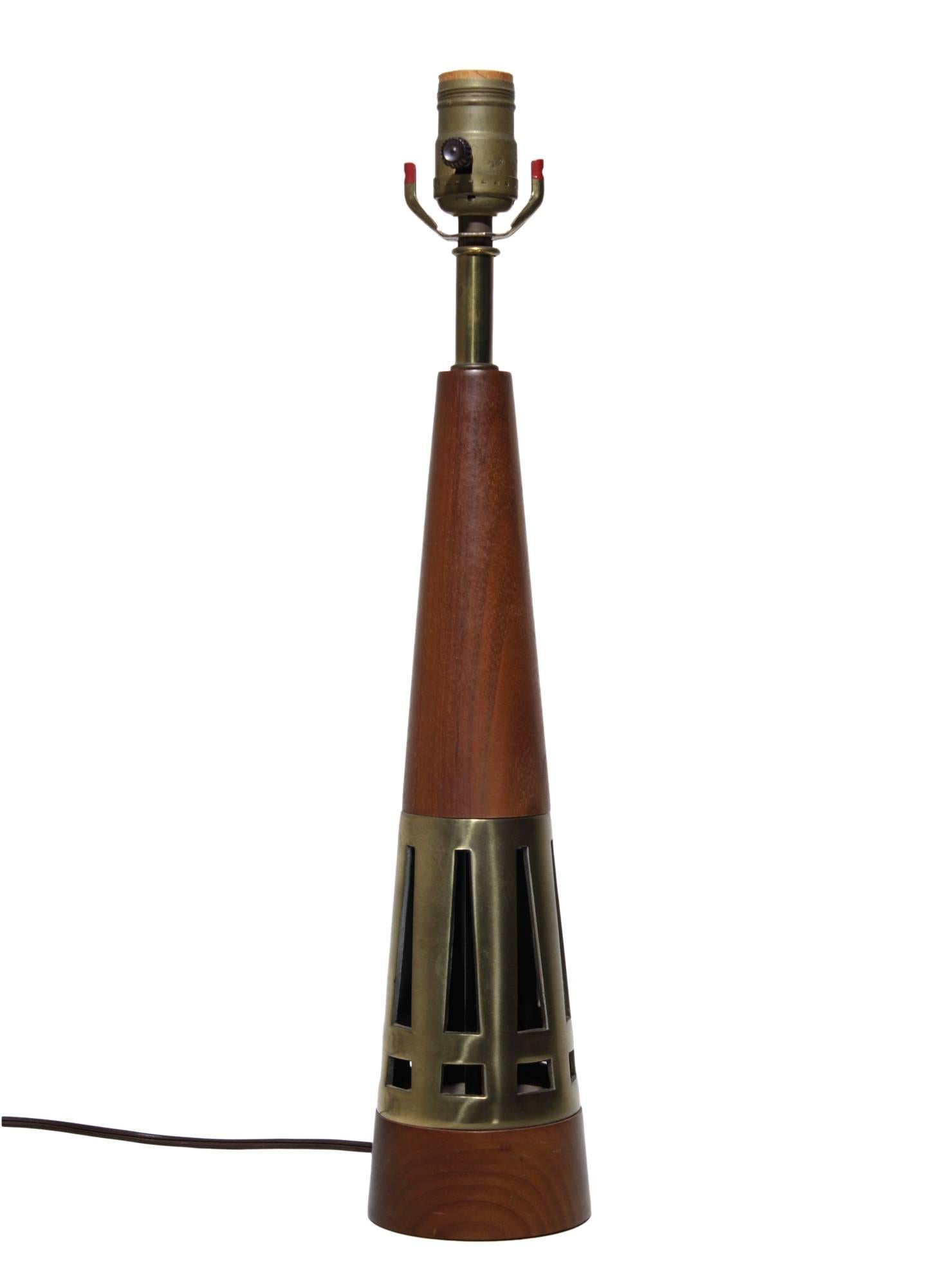 Mid-Century Modern Walnut and Brass Mid-Century Lamp by Tony Paul