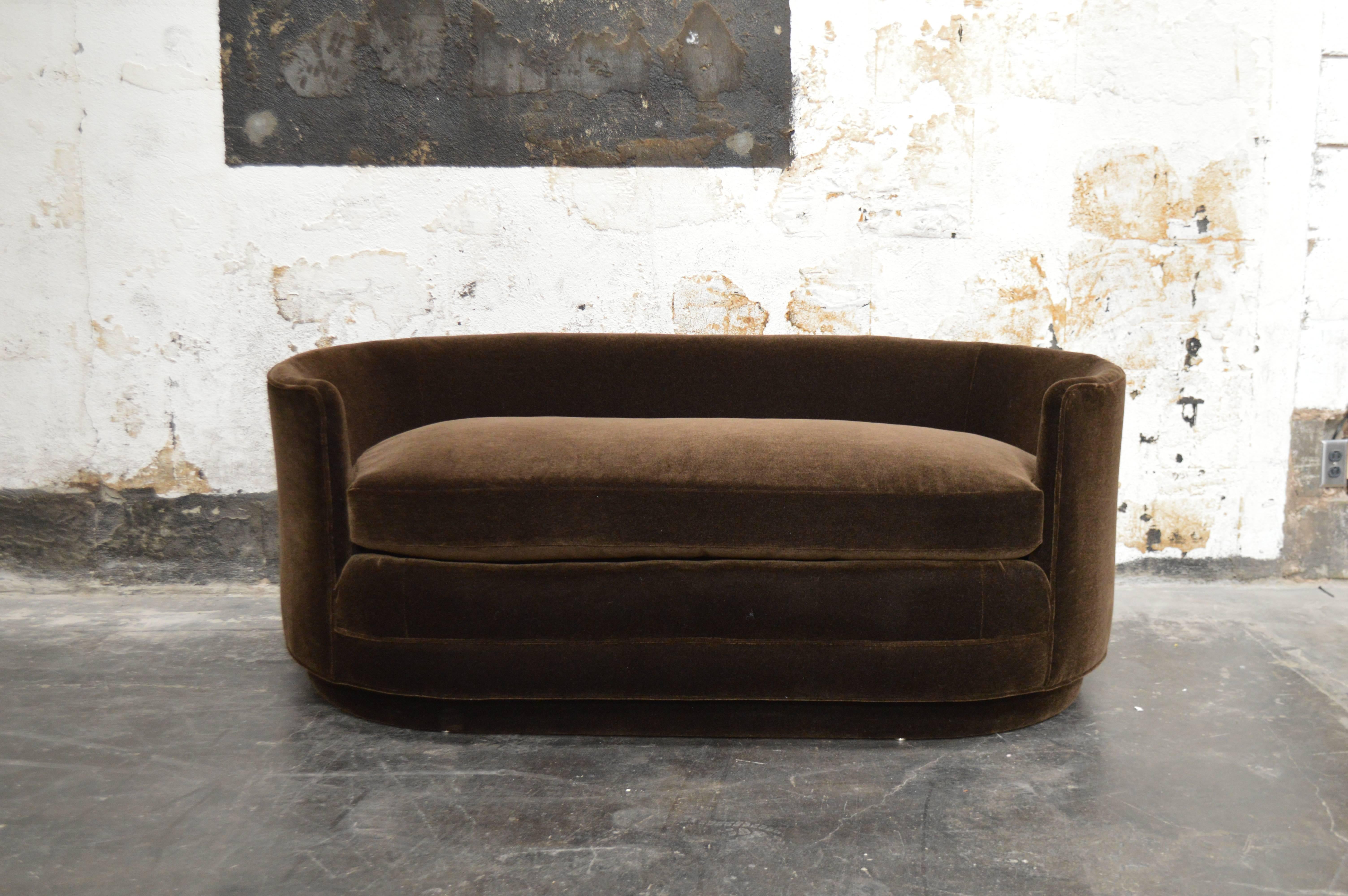 Art Deco Pair of Vintage Curved Loveseat Sofas in Chocolate Brown Mohair