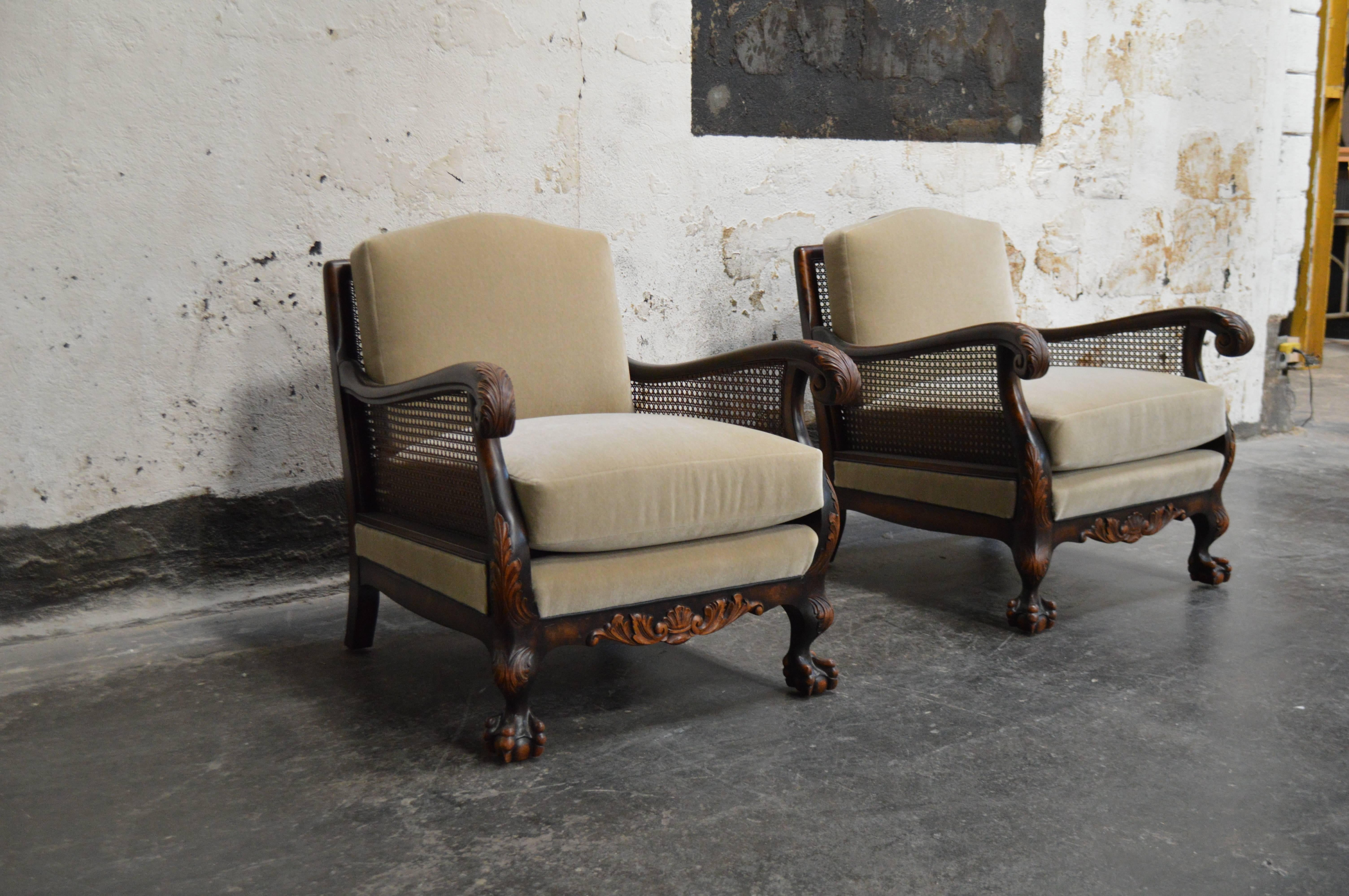 Pair of Swedish Neoclassical Caned Flame Birch Mohair Club Chairs In Excellent Condition In Atlanta, GA