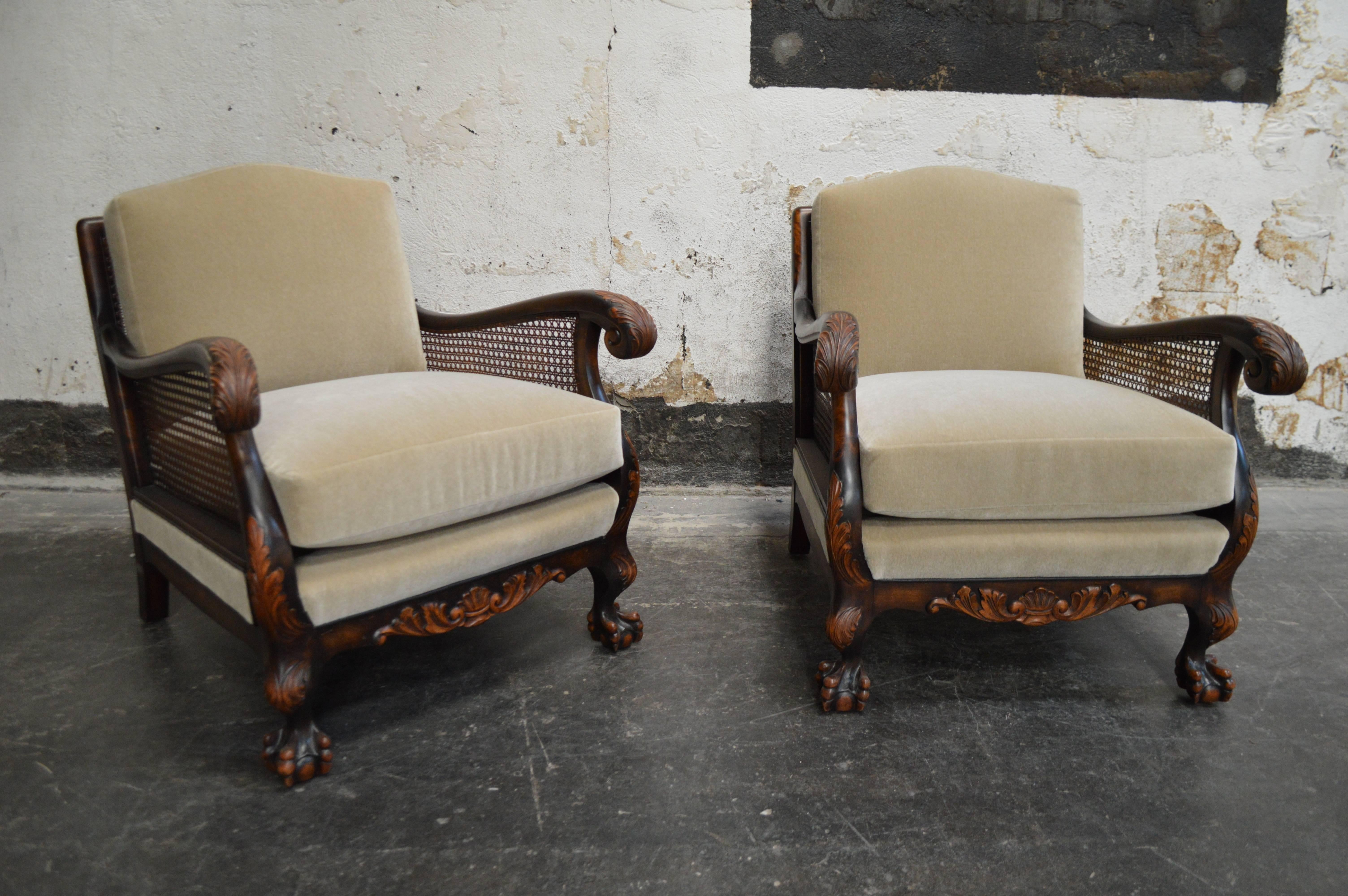 Pair of Swedish Neoclassical Caned Flame Birch Mohair Club Chairs 2