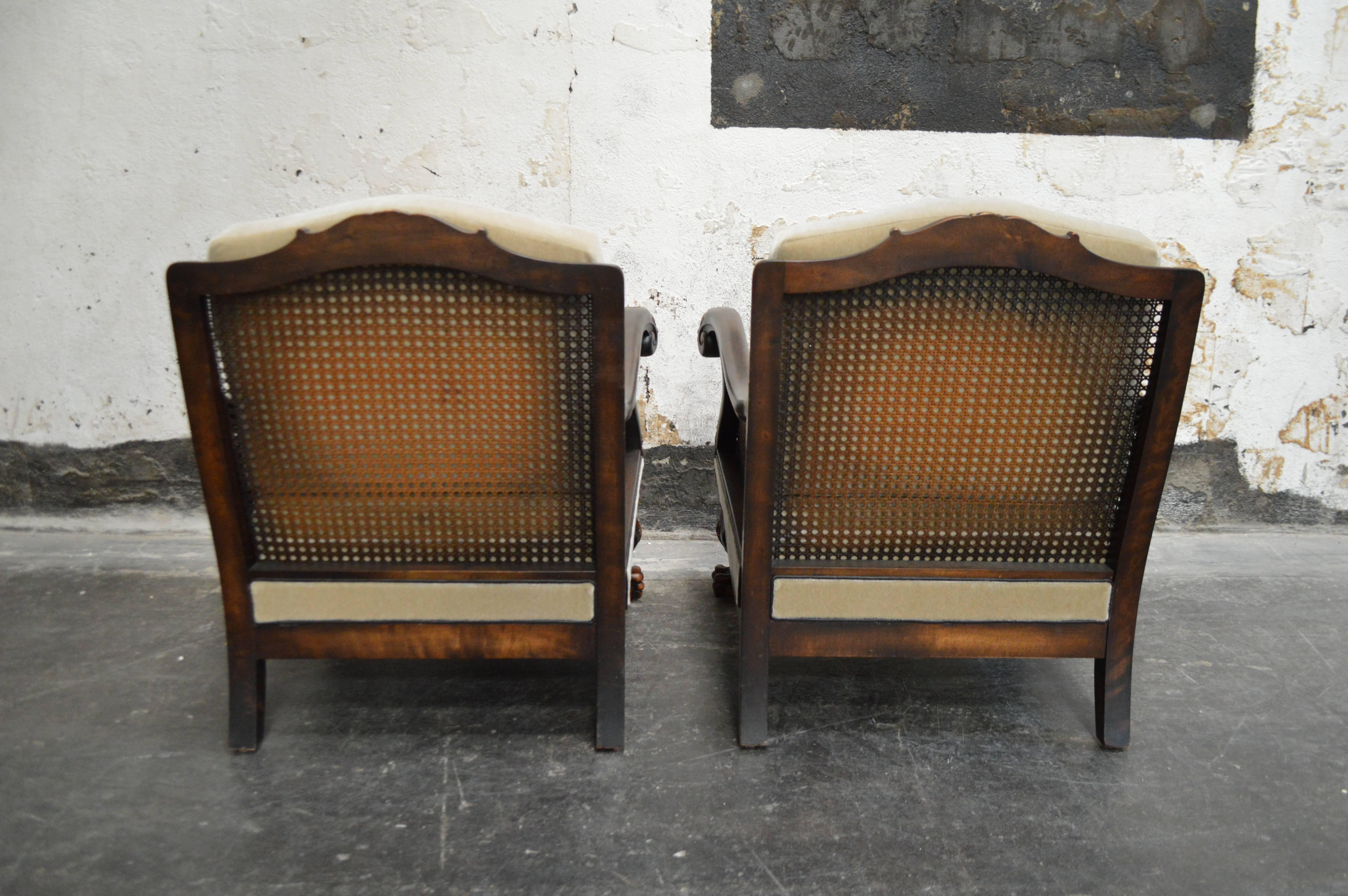 Pair of Swedish Neoclassical Caned Flame Birch Mohair Club Chairs 4