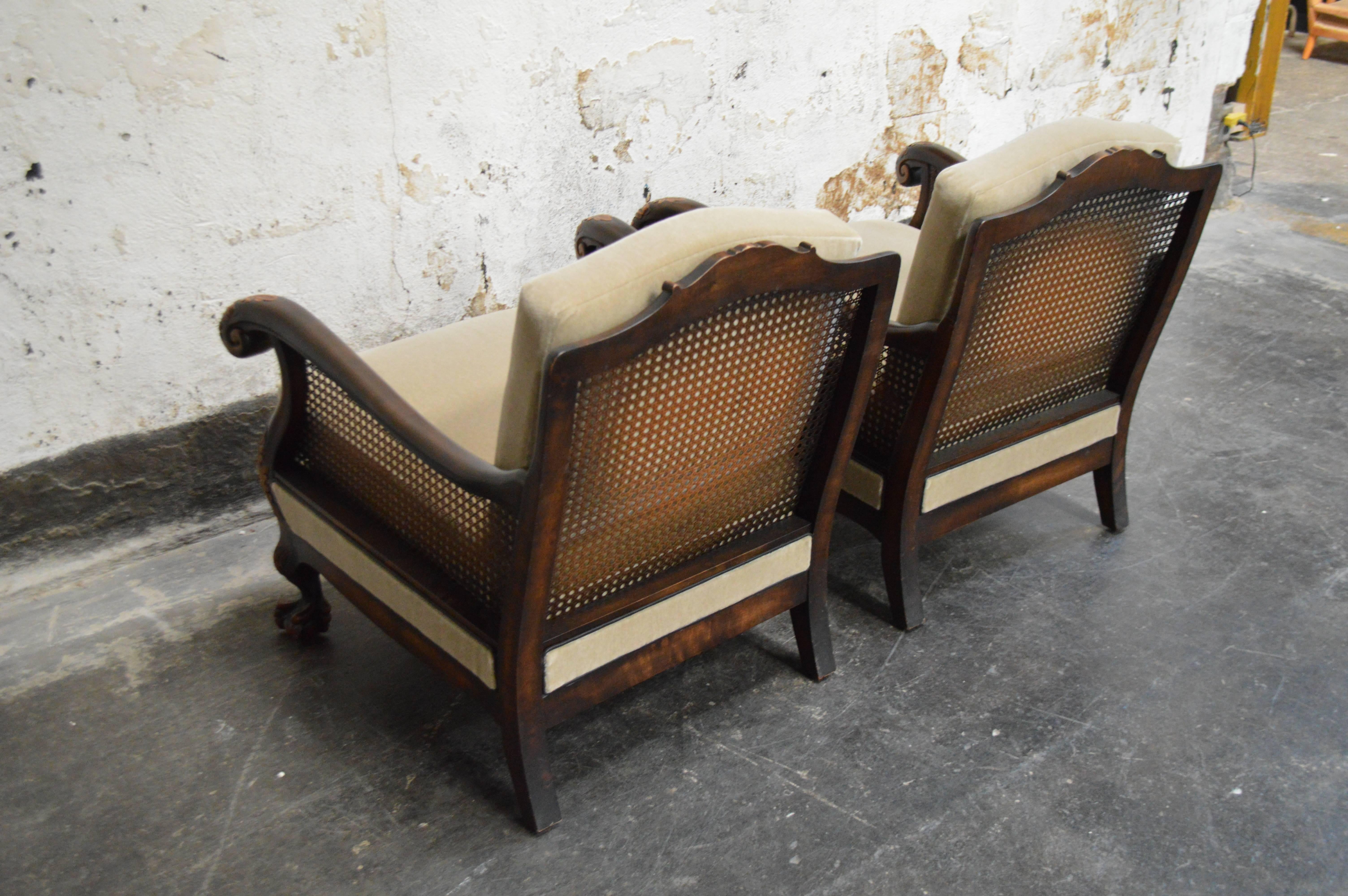 Pair of Swedish Neoclassical Caned Flame Birch Mohair Club Chairs 5