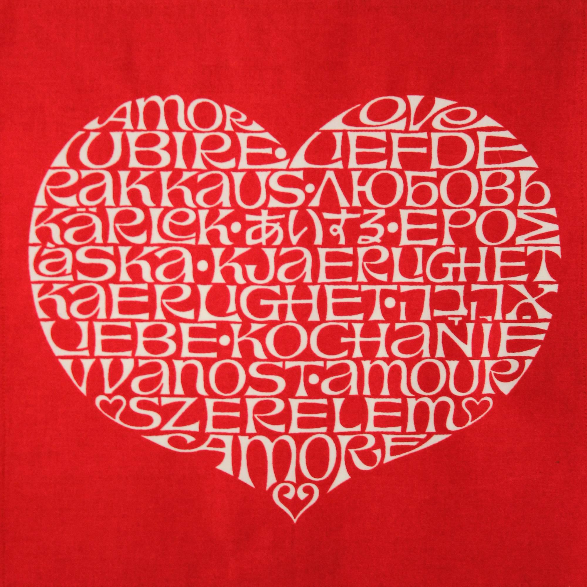 Designed in 1967 by Alexander Girard for Herman Miller, the heart contains the word 