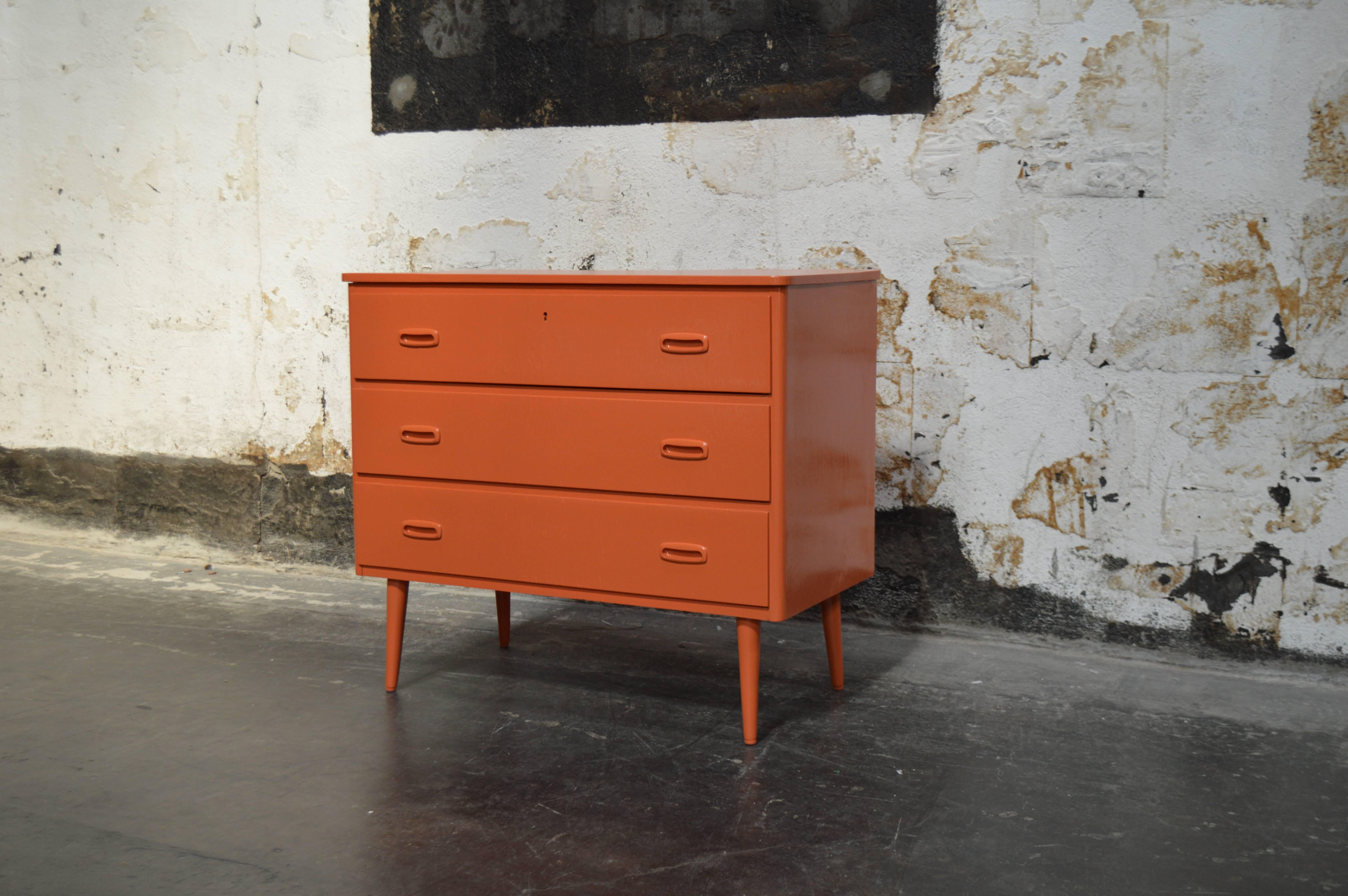 Lacquered Swedish Mid-Century Modern Hermes Orange Lacquer Three-Drawer Chest