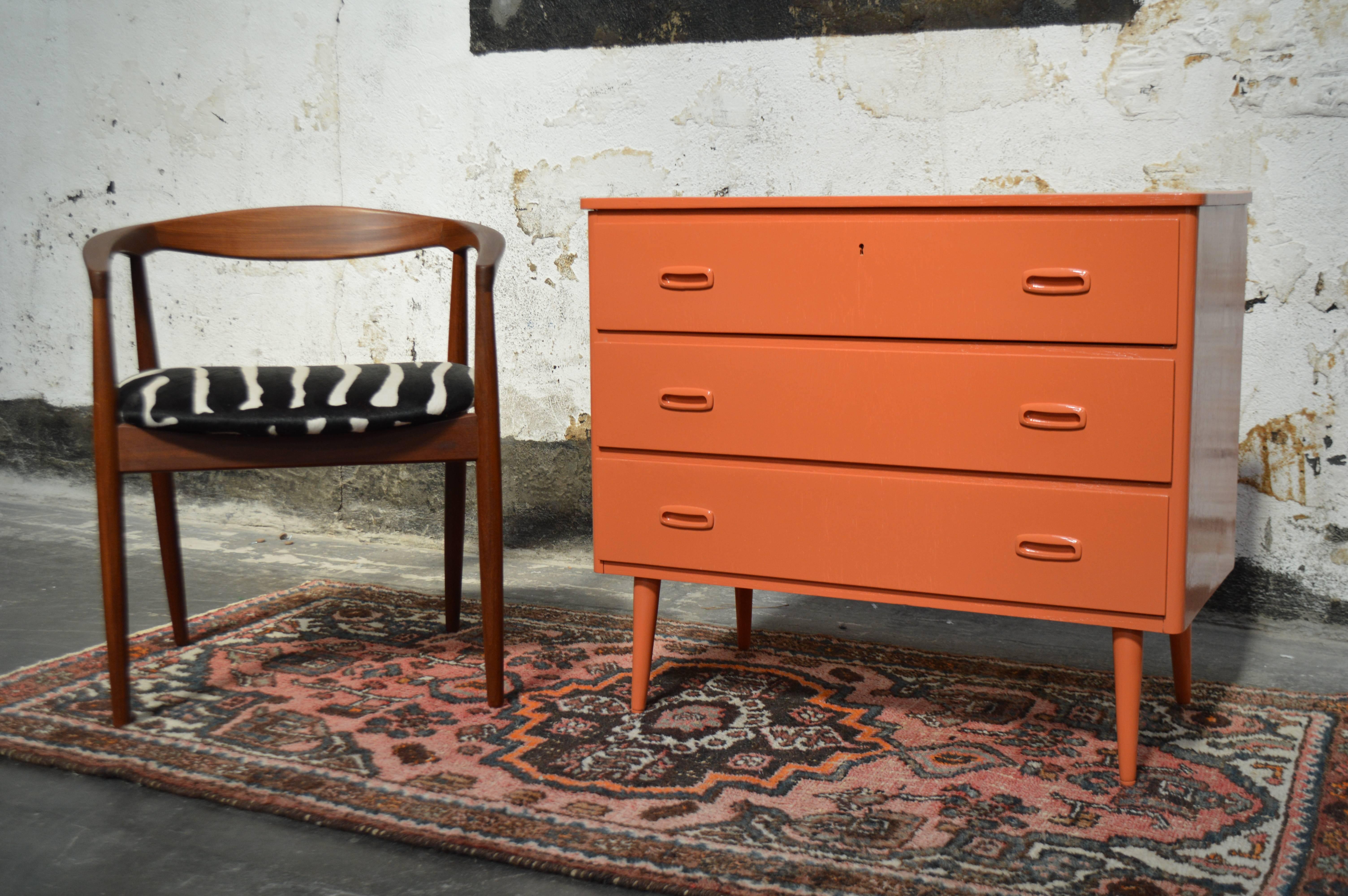Teak Swedish Mid-Century Modern Hermes Orange Lacquer Three-Drawer Chest