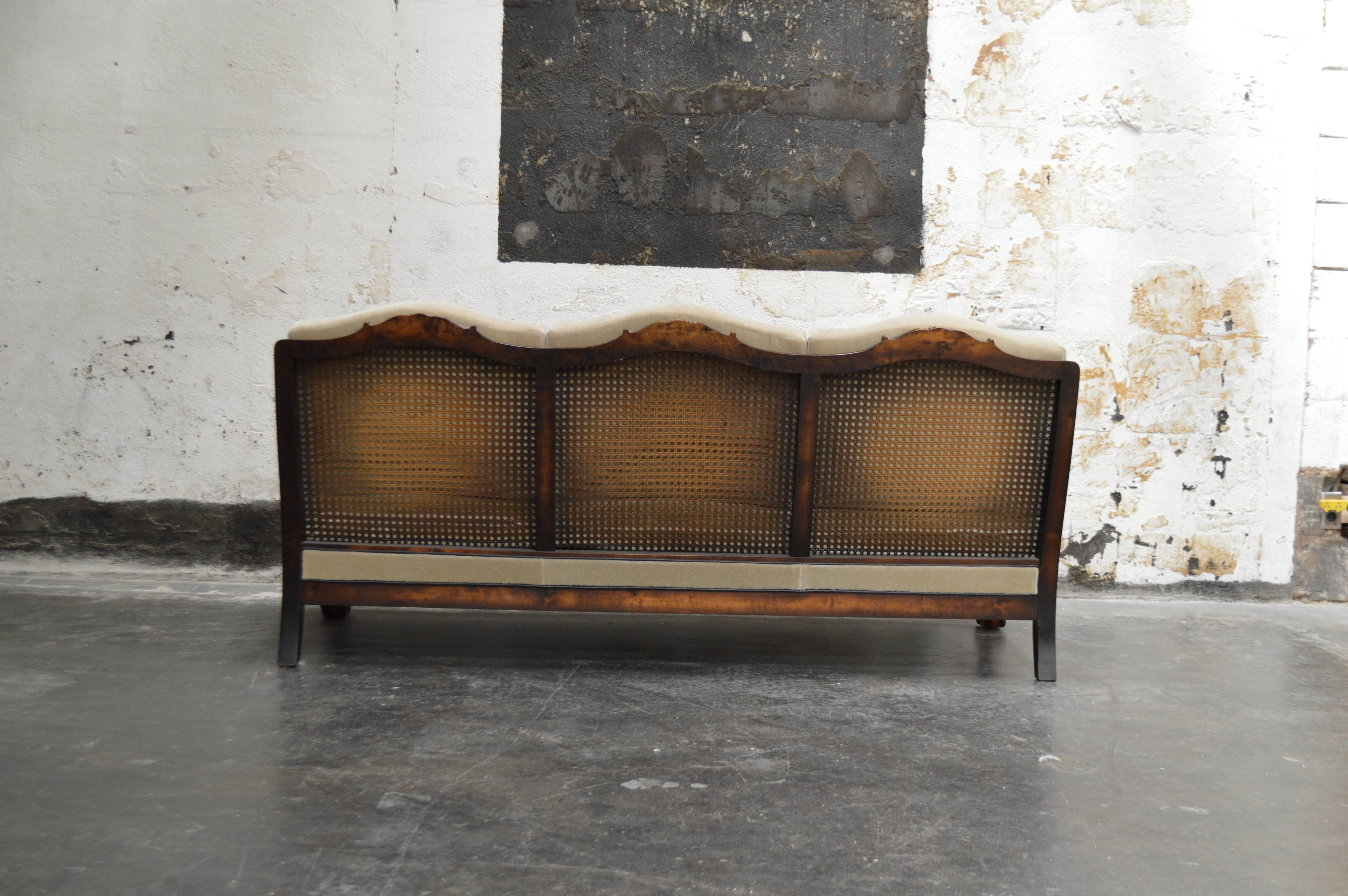 Swedish Neoclassical Caned Flame Birch Mohair Sofa 1