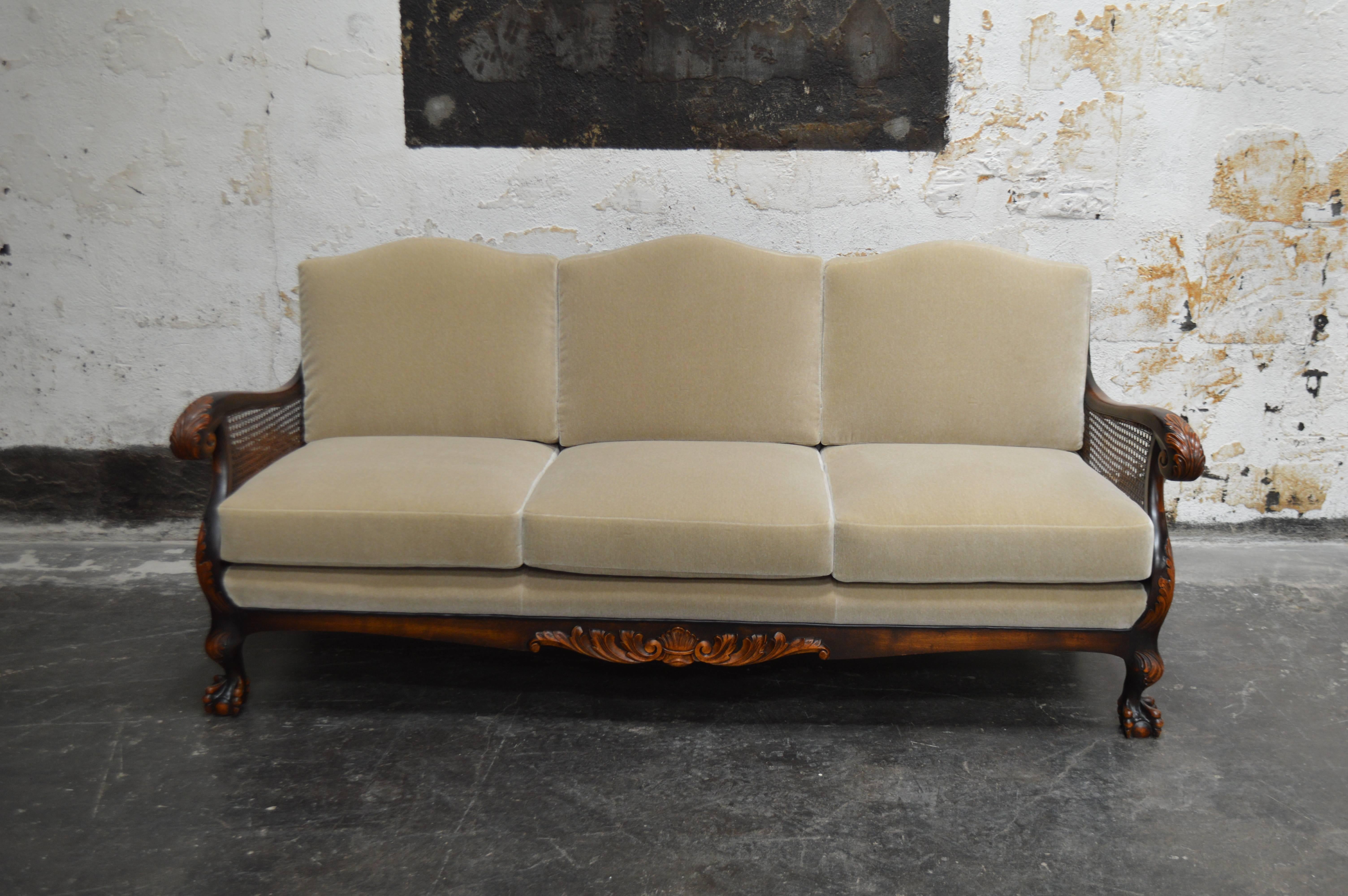 Swedish Neoclassical Caned Flame Birch Mohair Sofa 3