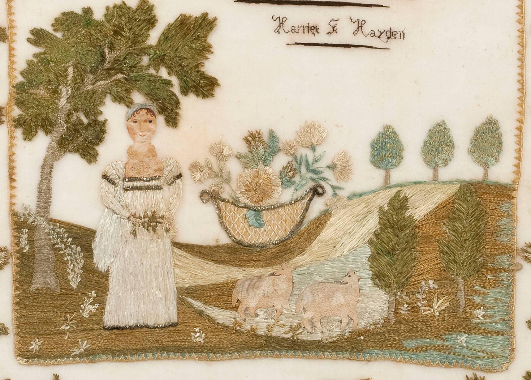 An outstanding sampler with enormous visual appeal, this is one of several known pieces that form a small, highly significant group considered to rank highly within the finest of New Hampshire folk art.

The samplers were made in the town of