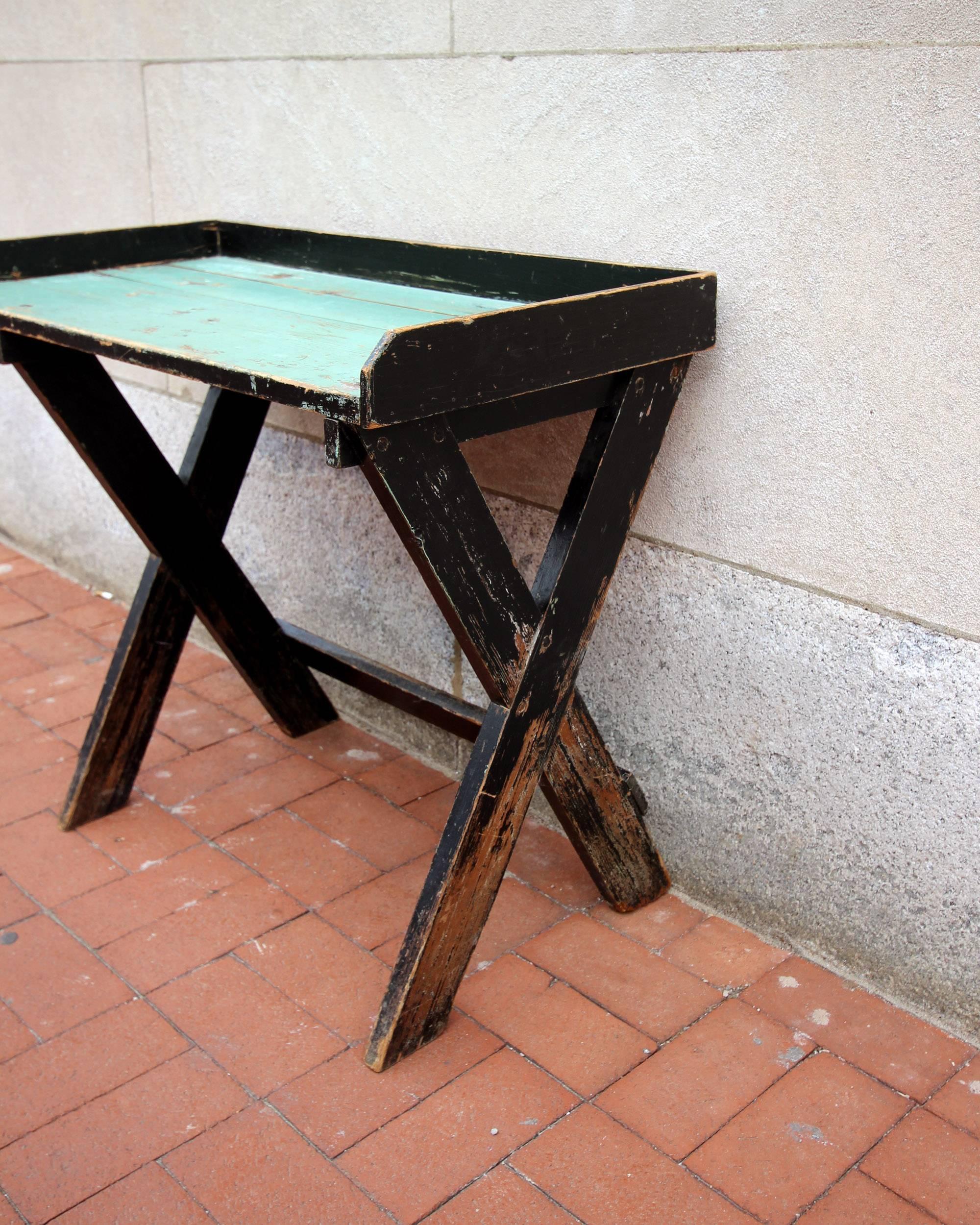 Wood American Painted Sawbuck Table with Unusual Cantilevered Form