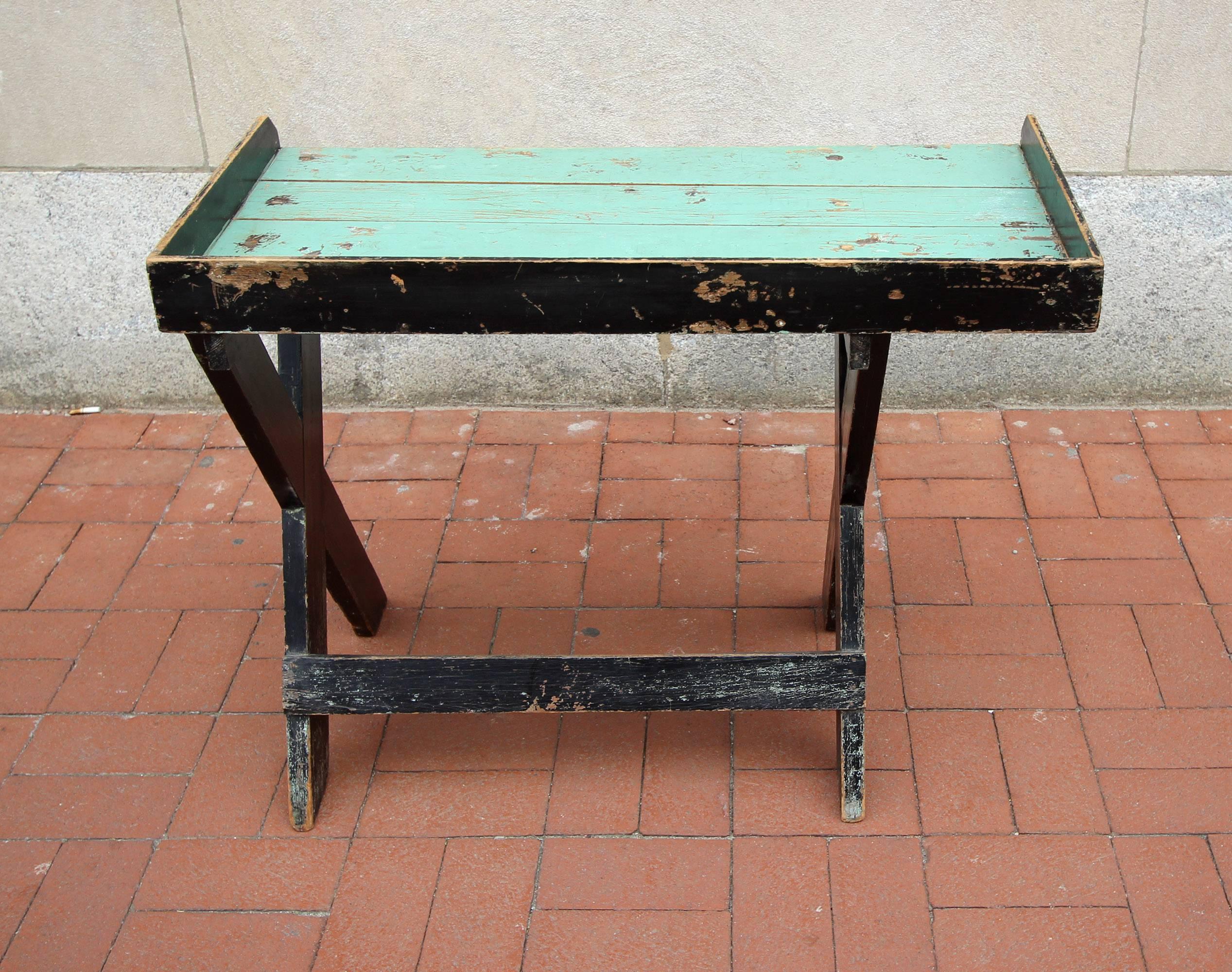 American Painted Sawbuck Table with Unusual Cantilevered Form 1