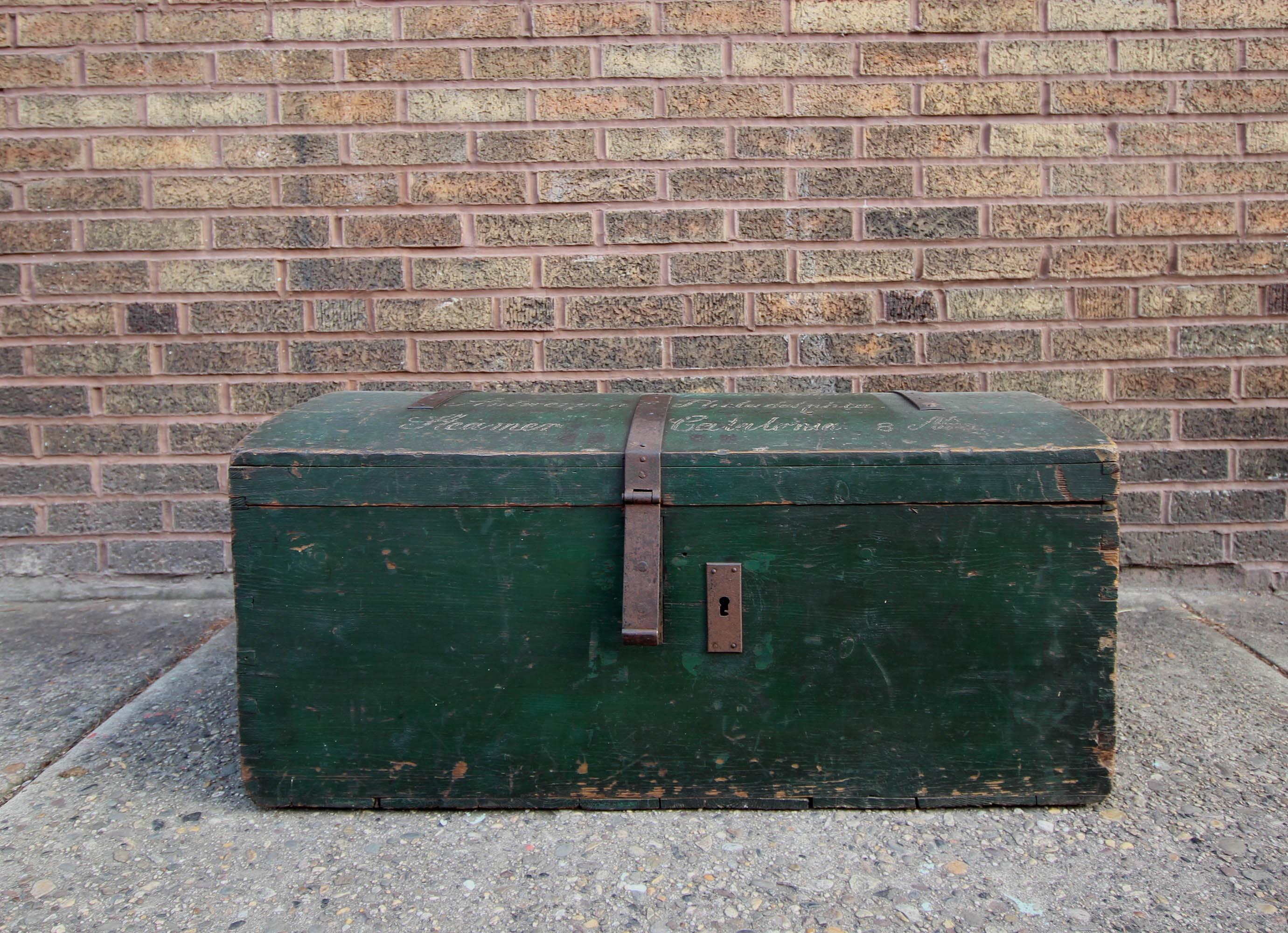 Folk Art Painted Travel Trunk Naming Steamer Company, circa 1900 For Sale