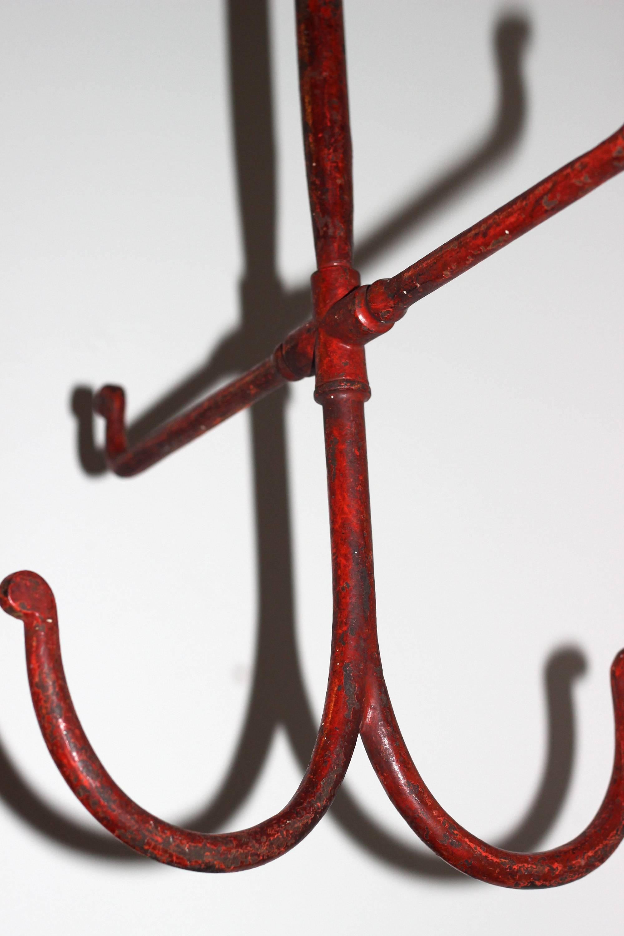Folk Art Large Painted Iron Hooks/Harness Holder, Old Red Paint, American, circa 1900 For Sale