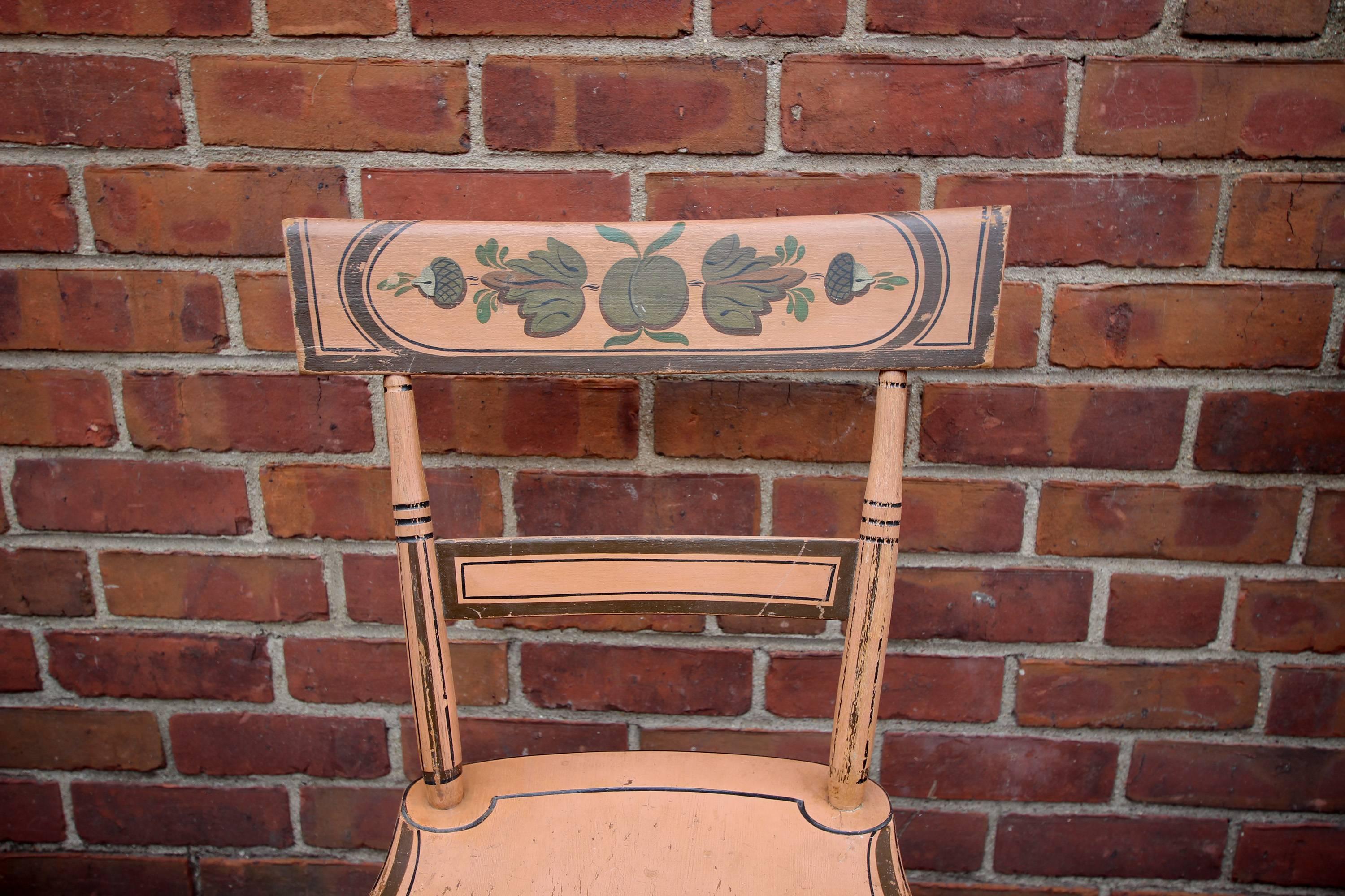 Country Set of Six Salmon Painted and Decorated Chairs, Pennsylvania, circa 1840 For Sale